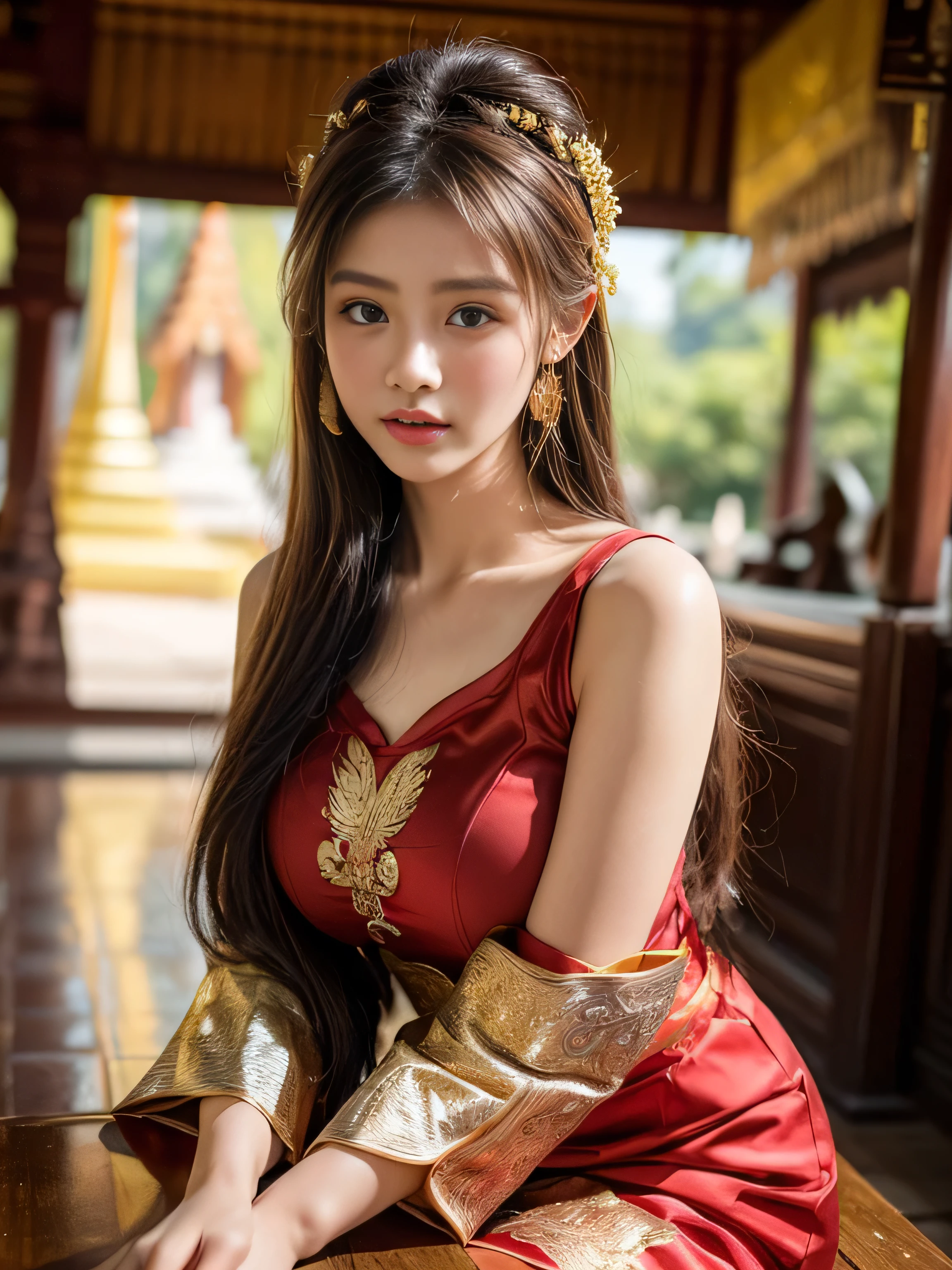 19 years old , (wearing a golden and red Thai traditional clothing:1.3), big round breast, ((traditional thai hairstyle:1.2)), (photorealistic:1.2), (ultra realistic:1.3), (very detailed:1.1), ((masterpiece)), (Hand Details:1.4), (blush:1.3), (shy:1.3), (outside Chaing Mai Wat Phra Singh :1.3), depth of field, first person view.