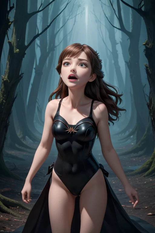 masterpiece, Highest quality, masterpiece, (One girl), (letter), Evil Witch, Dark Energy, Empty, Hollow Eyes, (an extremely evil), black magic, Dark Forest, Negative Energy, hell, Empty, performer, Brown Hair,Wearing a black high-cut swimsuit、Anna of Arendelle