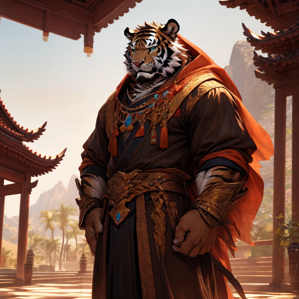 a muscular tiger in a long robe, standing on a floating island in the sky, a taoist monastery in the background, traditional chinese architecture, wuxia, fantasy, cinematic lighting, dramatic pose, (best quality,4K,8k,highres,masterpiece:1.2),ultra-detailed,(realistic,photorealistic,photo-realistic:1.37)Muscular tiger holding a sword,The background is the magnificent family lobby