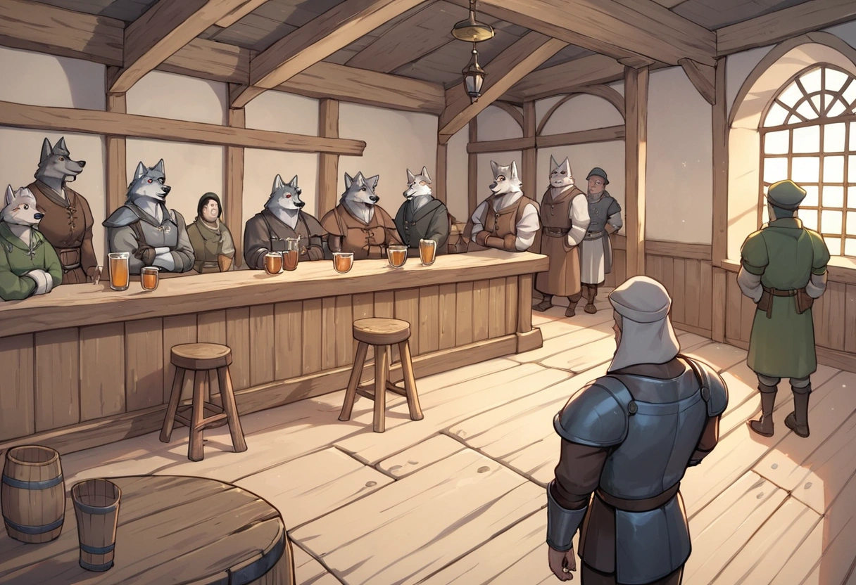 score_9,score_8_up,score_7_up, score_6_up, score_5_up,source_anime, scenery, a bar, medieval tavern, it’s busy, full of people, in a medieval tavern bar, sketchy weird bar, soldiers and criminals at the bar, indoors, dark and creepy tavern, wolf men soldiers at the bar, from above
