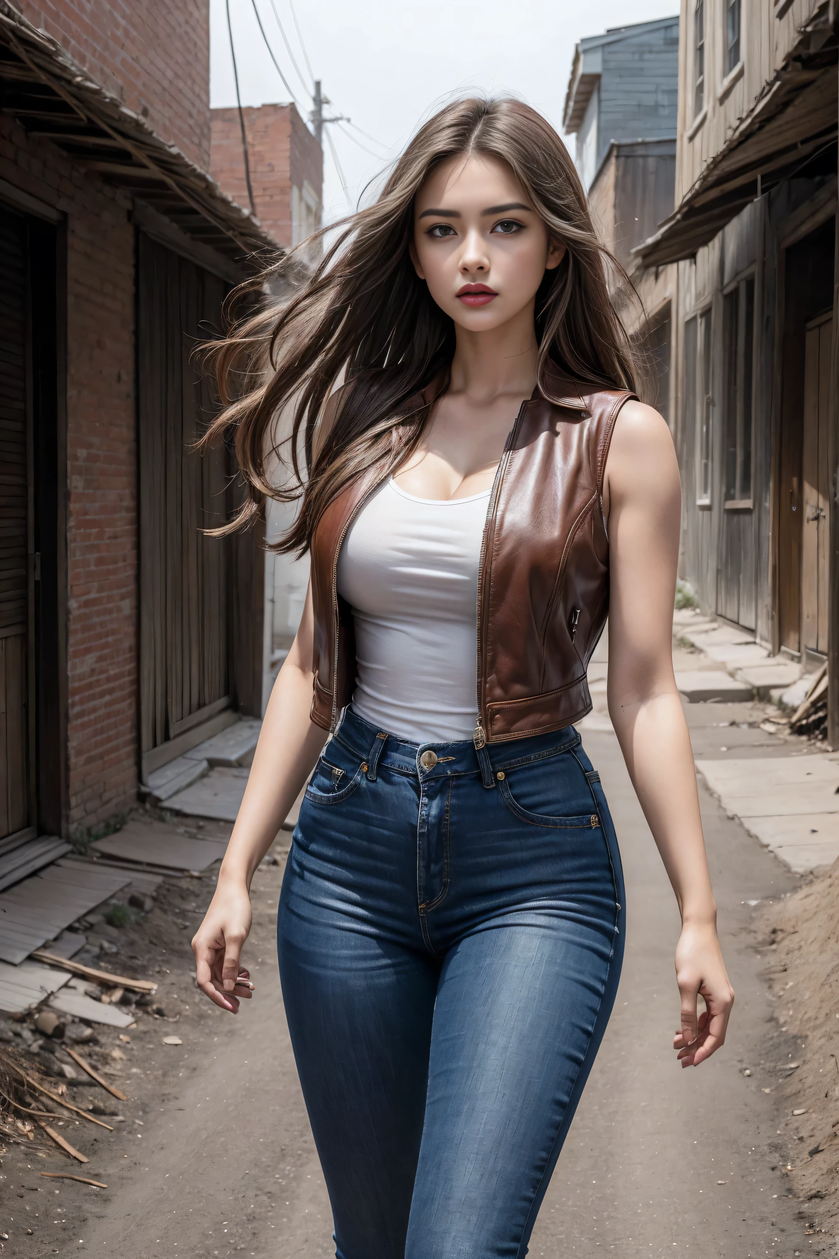 Woman in denim circa 1880s, Brown long straight hair, Brown eyes, High arched eyebrows, Slender and graceful neck, Red lips, Large Breasts, Brown Leather Leggings, Sleeveless Brown Leather Vest, Leather Boots, Walking on the dusty sandy streets of a deserted North American town，The wind blew through her hair, Practical, photoPractical, photoPractical, Fear, Dark atmosphere and dramatic lighting, Deep Red, Foggy environment, Detailed facial expressions, Heavy fog