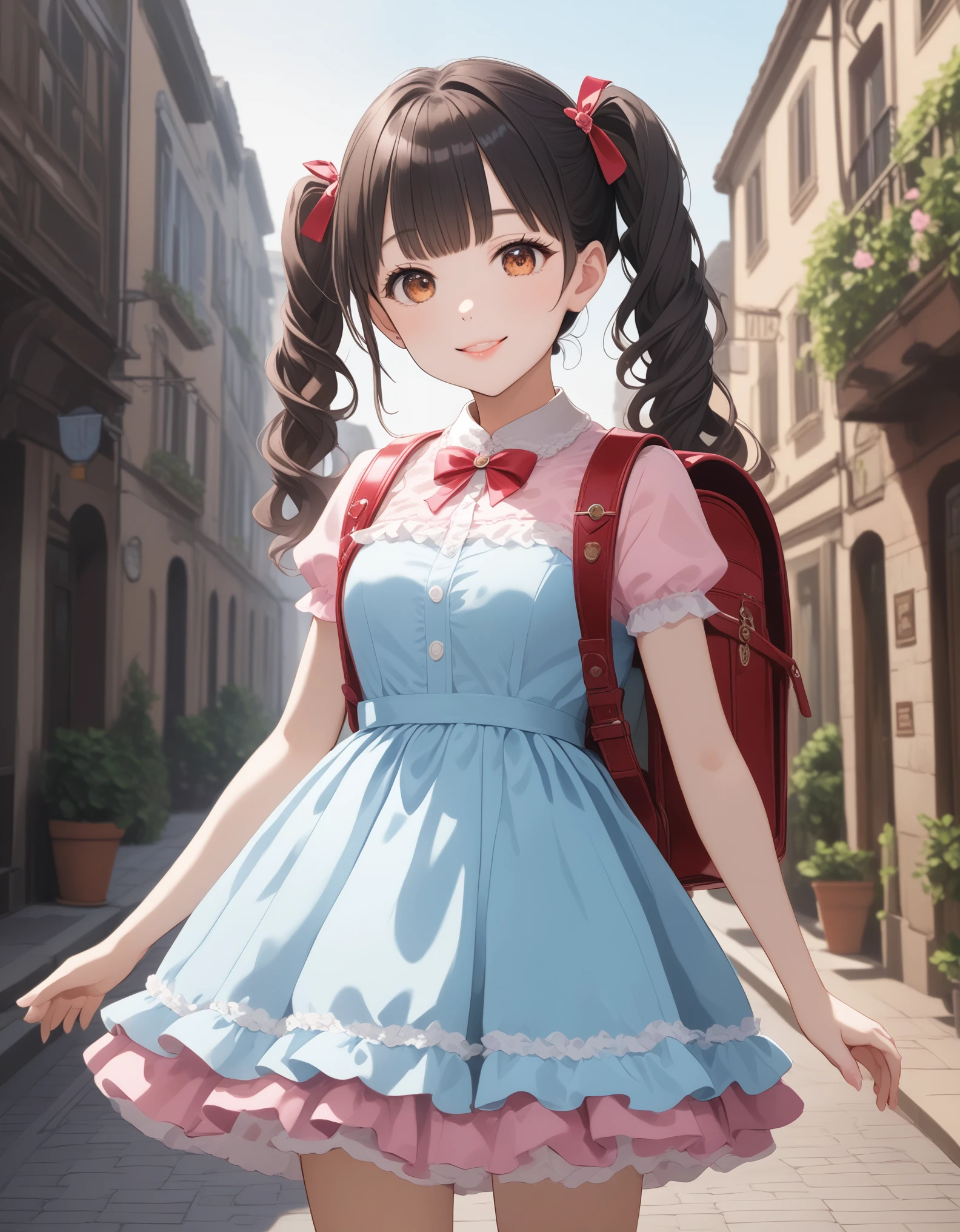 (highest quality、masterpiece、8K、best image quality、hyper realism、Award-winning work)、(solo:1.1)、(1 photo:1.1)、(Feminine and girly cute frilly party dress:1.2), bowtie、(Perfect straight twin tails:1.2)、(low length:1.1)、(Height: 140cm:1.1)、small breasts, smile、emphasize body line、ponytail, hair ribbon、Standing gracefull、Full body photo of a woman standing gracefully、accurate anatomy、perfect makeup、long eyelashes、glossy lips、Ultra high definition glossy skin、(Ultra-high definition bright and beautiful skin:1.1)、Ultra-high definition glossy lips、Super high definition beautiful teeth, wearing randoseru backpack, (randoseru backpack:1.2), ****ta dress, cute dress, outdoor, standing, city