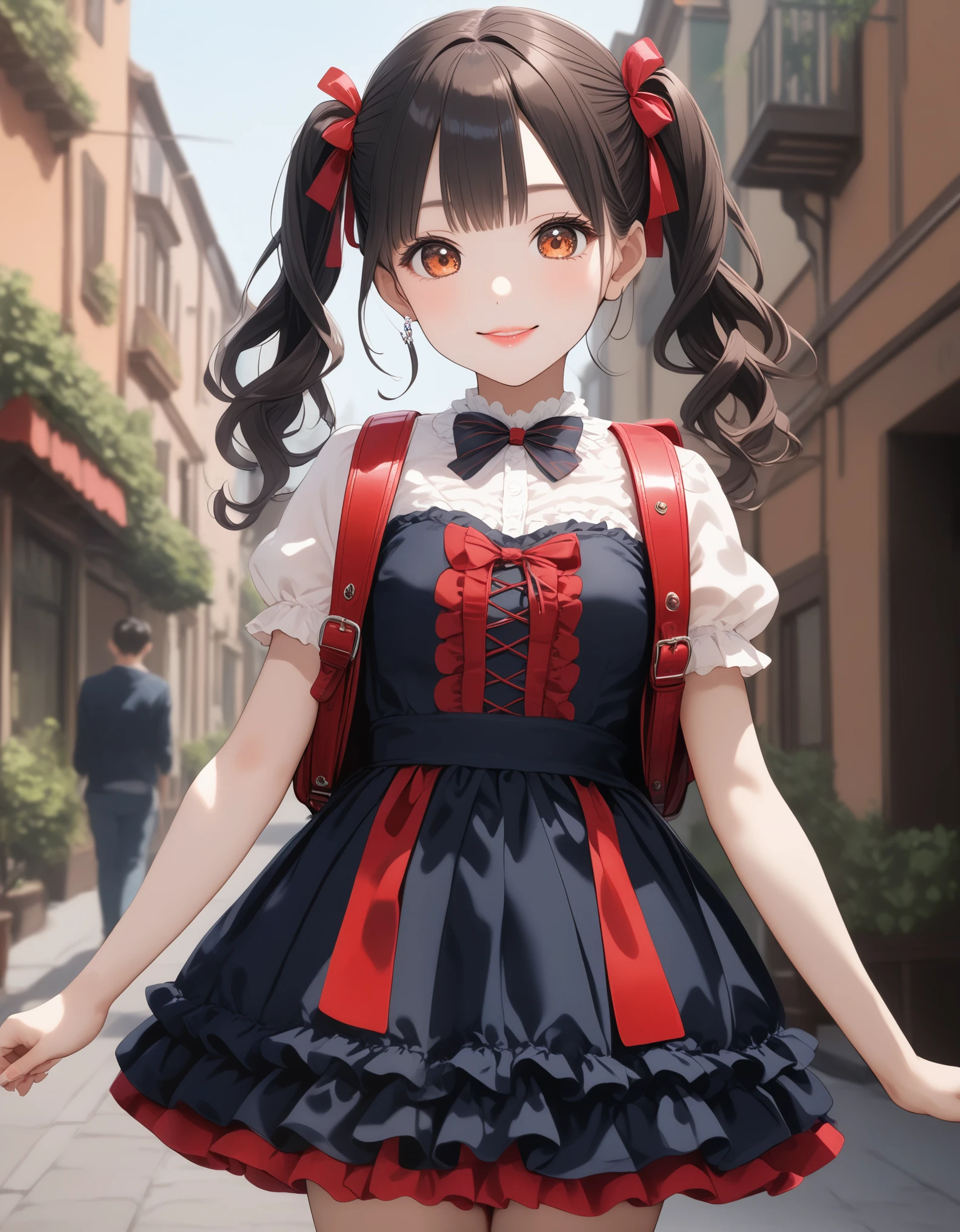 (highest quality、masterpiece、8K、best image quality、hyper realism、Award-winning work)、(solo:1.1)、(1 photo:1.1)、(Feminine and girly cute frilly party dress:1.2), bowtie、(Perfect straight twin tails:1.2)、(low length:1.1)、(Height: 140cm:1.1)、small breasts, smile、emphasize body line、ponytail, hair ribbon、Standing gracefull、Full body photo of a woman standing gracefully、accurate anatomy、perfect makeup、long eyelashes、glossy lips、Ultra high definition glossy skin、(Ultra-high definition bright and beautiful skin:1.1)、Ultra-high definition glossy lips、Super high definition beautiful teeth, wearing randoseru backpack, (randoseru backpack:1.2), Lolita dress, cute dress, outdoor, standing, city