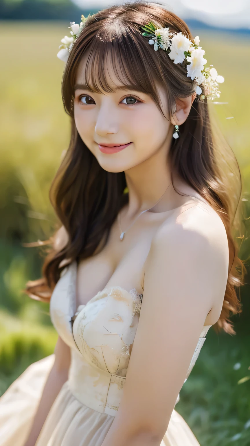 Highest quality ,masterpiece,Ultra-high resolution, very beautidebtul, cute, (Photorealistic:1.4), One girl, Japanese, Brown Hair, Cinematic, 35mm lens, debt/ 1. 8, Accent lighting, 8k, empire wedding dress, Cleavage, close, smile,Grassland Background, blue sky,