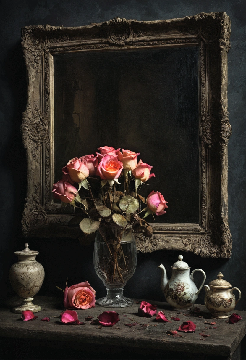 A detailed description of the prompt:
"Best quality, A high resolution, Masterpiece:1.2, Ultra-detailed, Realistic:1.37, In the garden,Wilted roses,rose petals,Dark Still Life, Oil painting, mystical ambiance, Dim lighting, Rich textures, Vivid colors, Intricate details, intense shading, Aging objects, Withered roses Delicate reflections, GLOOMY AMBIANCE, hauntingly beautiful, Creepy elements, Delicate brushstrokes, Engaging composition。。, Classical art style, Tonal contrast, Dramatic shadows, Spooky existence, Incredible objects, Intricate decay details, Gloomy color palette, The depth and dimensions of the capture, Emotions hidden in the dark, Realistic rendering, Strong chiaroscuro, Delicate texture, Tiny details of each object, An impeccable depiction of aging, Unforgettable vulnerability, Ethereal atmosphere, Complex layers of symbolism."