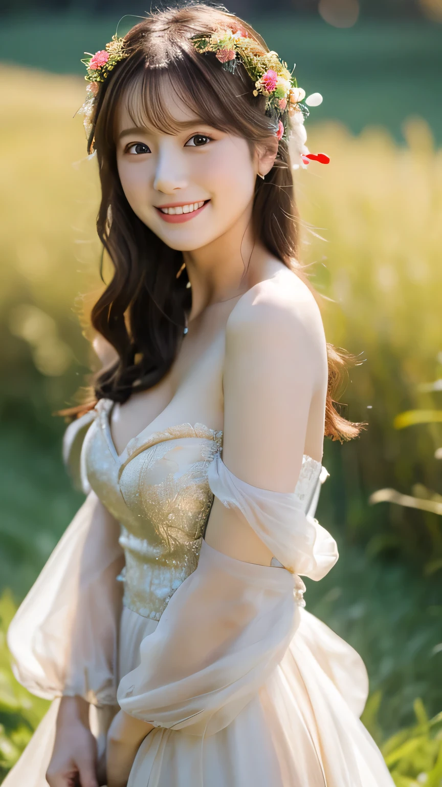 Highest quality ,masterpiece,Ultra-high resolution, very beautidebtul, cute, (Photorealistic:1.4), One girl, Japanese, Brown Hair, Cinematic, 35mm lens, debt/ 1. 8, Accent lighting, 8k, empire wedding dress, Cleavage, close, smile,Grassland Background, blue sky,