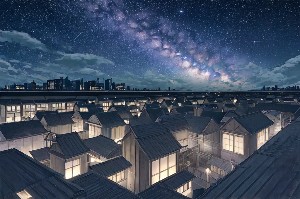 The rooftop of a dark school with the lights off、summer night、Starry Sky、milky way、Shooting star, (no light on windows of buildings:1.2), 
several girls{T-Shirts、Shorts}is looking up at the night sky。