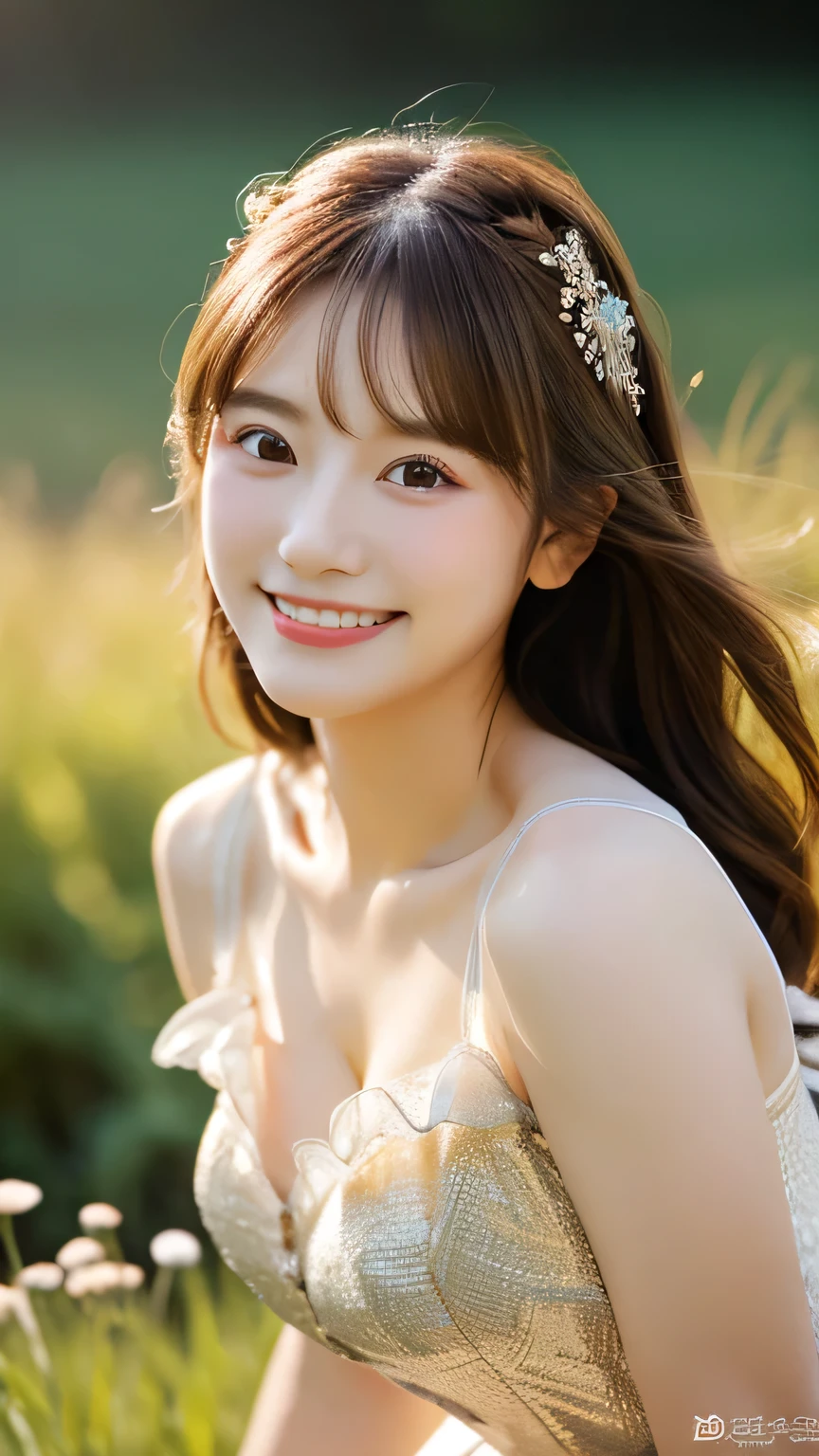 Highest quality ,masterpiece,Ultra-high resolution, very beautidebtul, cute, (Photorealistic:1.4), One girl, Japanese, Brown Hair, Cinematic, 35mm lens, debt/ 1. 8, Accent lighting, 8k, empire wedding dress, Cleavage, close, smile,Grassland Background, blue sky,