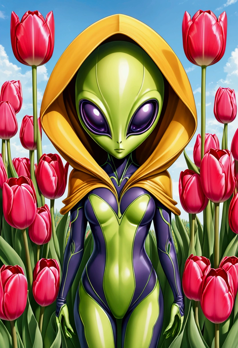 tulip alien with tulip printed dresses, green skin