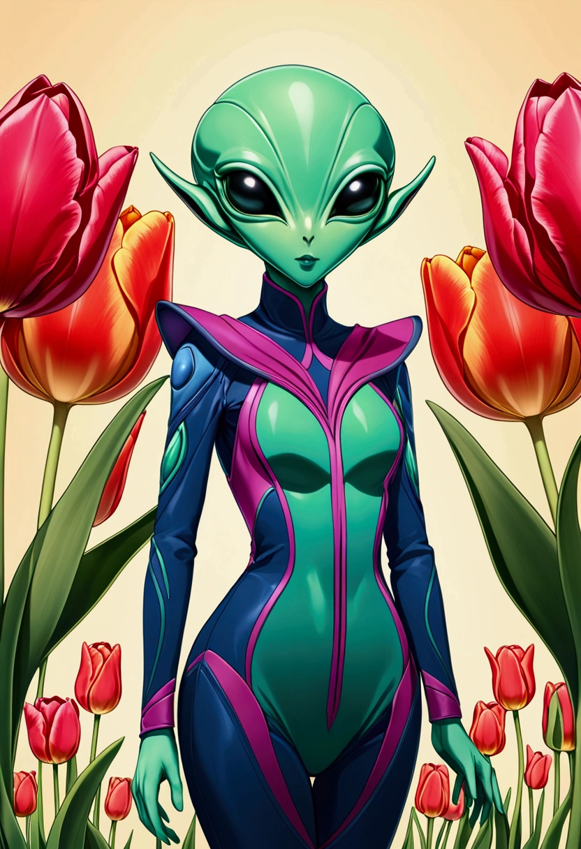 tulip alien with tulip printed dresses, green skin