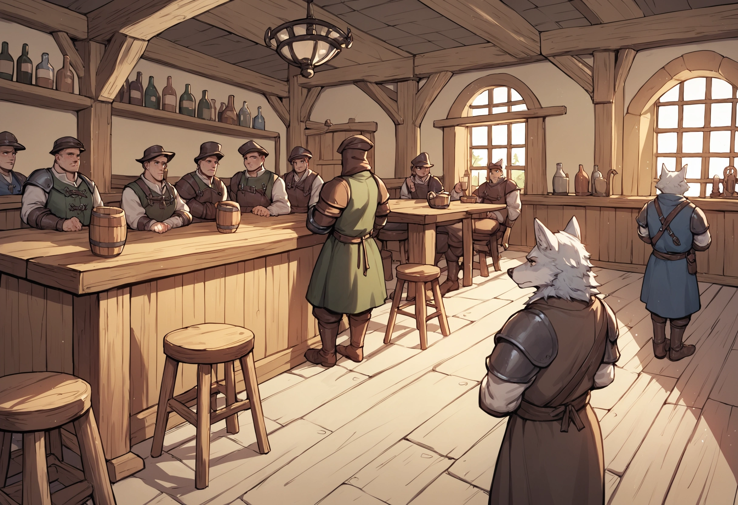 score_9,score_8_up,score_7_up, score_6_up, score_5_up,source_anime, scenery, a bar, medieval tavern, it’s busy, full of people, in a medieval tavern bar, sketchy weird bar, soldiers and criminals at the bar, indoors, dark and creepy tavern, wolf men soldiers at the bar, from above