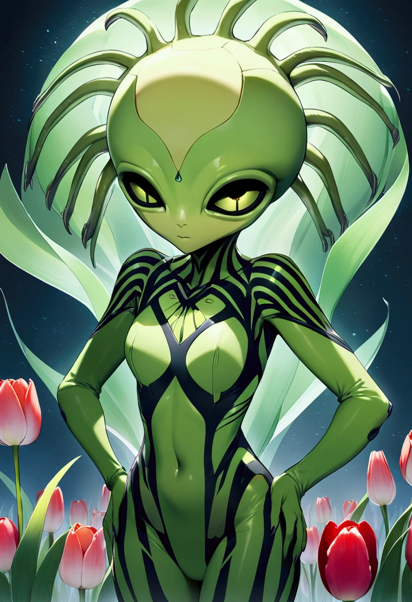 tulip alien with tulip printed dresses, green skin