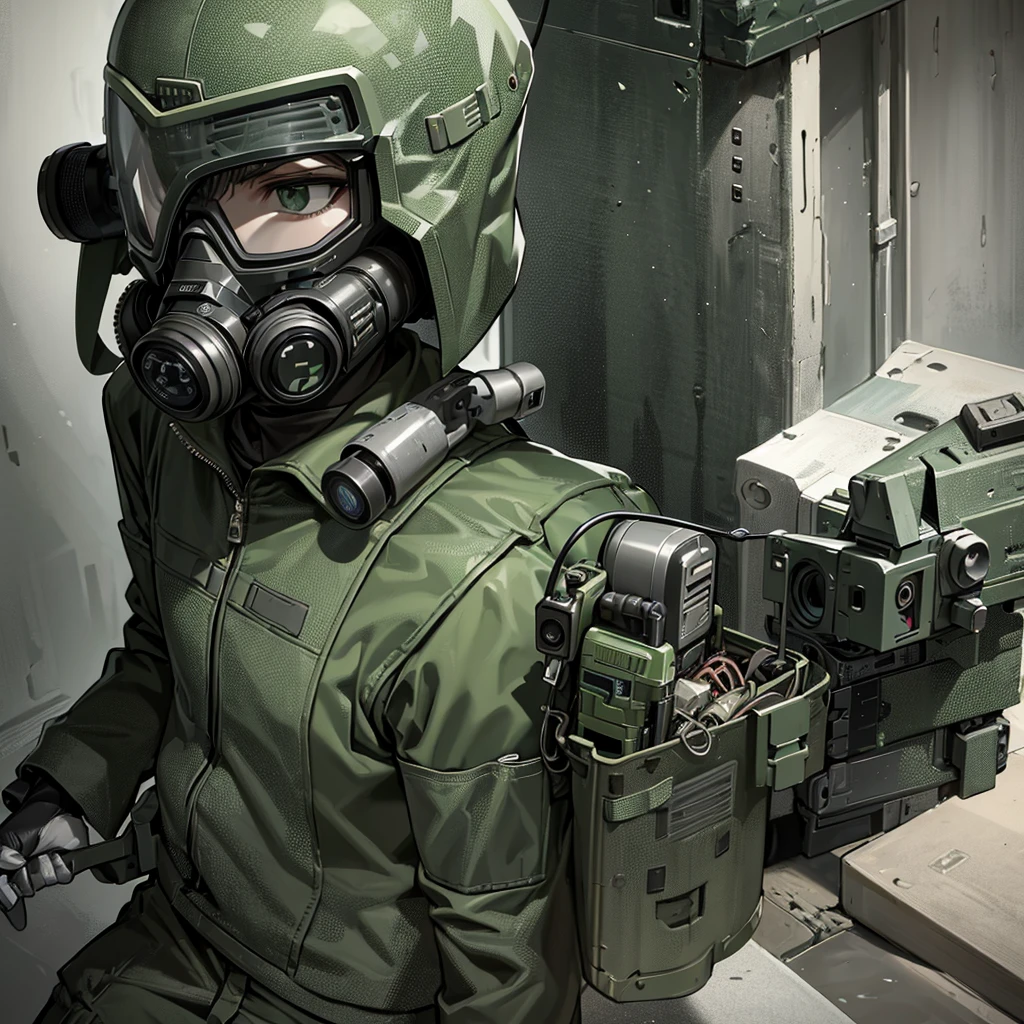 Soldier in gray-green camouflage uniform, ballistic helmet, military boots, military equipment such as grenades, radio, knife, pistol and harmful gas mask and polarized reflective visor