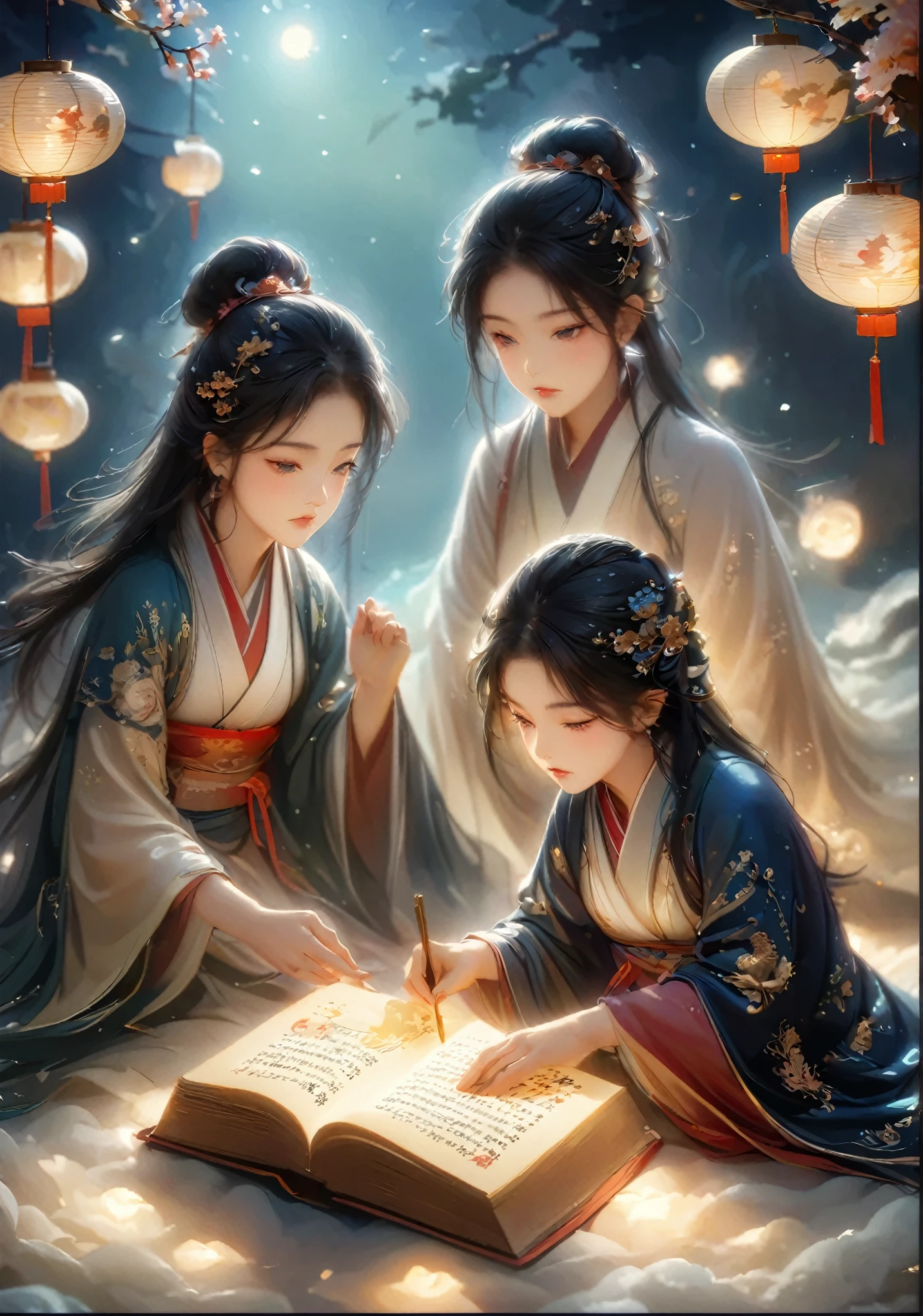 Three women in kimono writing under a lantern, author:Yang J, Chinese Fantasy, Li Song, author:Fan Qi, Beautiful character painting, by Qu Leilei, A beautiful artistic illustration, Ancient Chinese beauties, Beautiful digital artwork, by Li Fangying, Beautifully depicted, Graphic artist Magali Villeneuve, author:Chen Lin, Chinese style