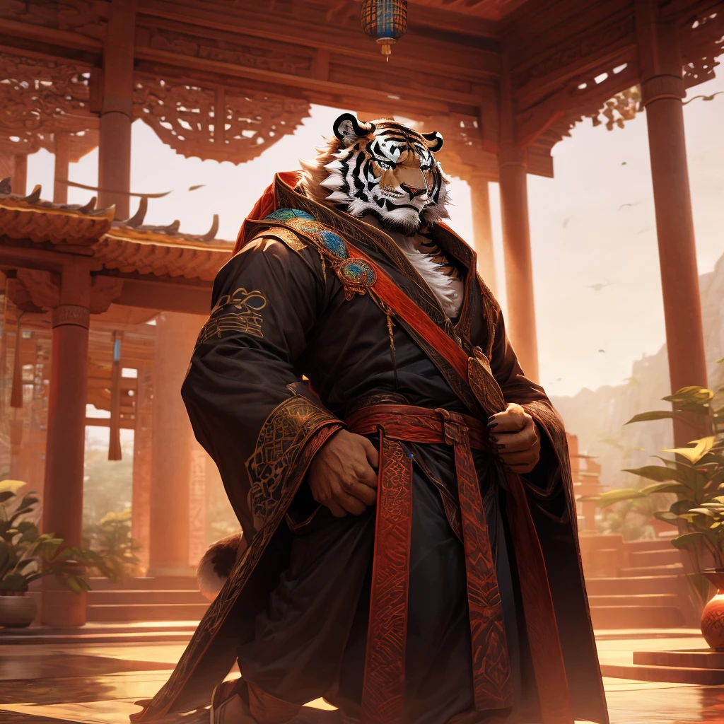 a muscular tiger in a long robe, standing on a floating island in the sky, a taoist monastery in the background, traditional chinese architecture, wuxia, fantasy, cinematic lighting, dramatic pose, (best quality,4K,8k,highres,masterpiece:1.2),ultra-detailed,(realistic,photorealistic,photo-realistic:1.37)Muscular tiger holding a sword,The background is the magnificent family lobby