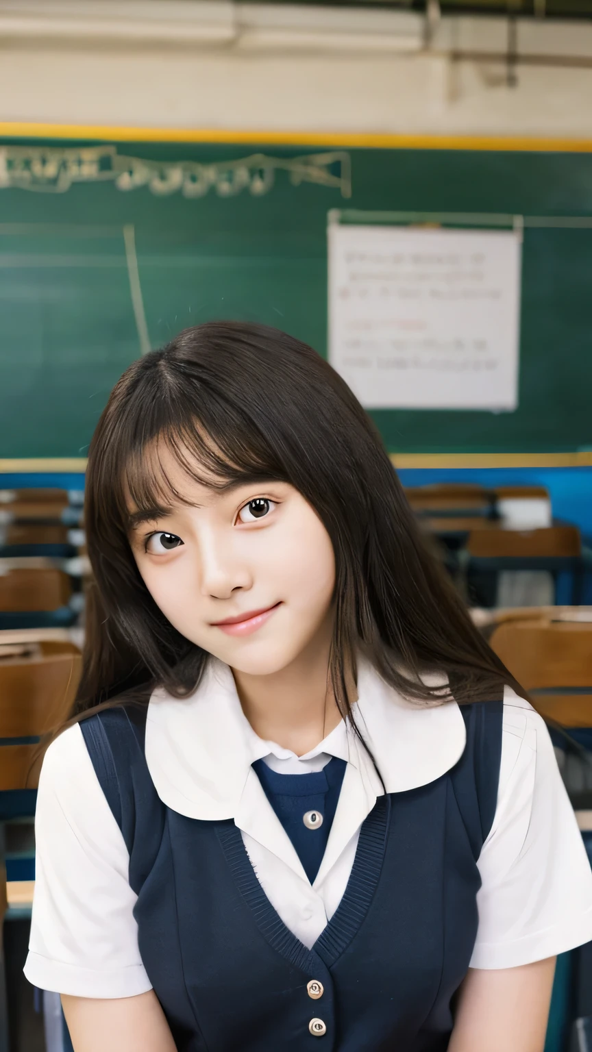 student girl korean cute　face　model studio photo double　background her school girl ,high school girl, korean girl, school, classroom, blackboard