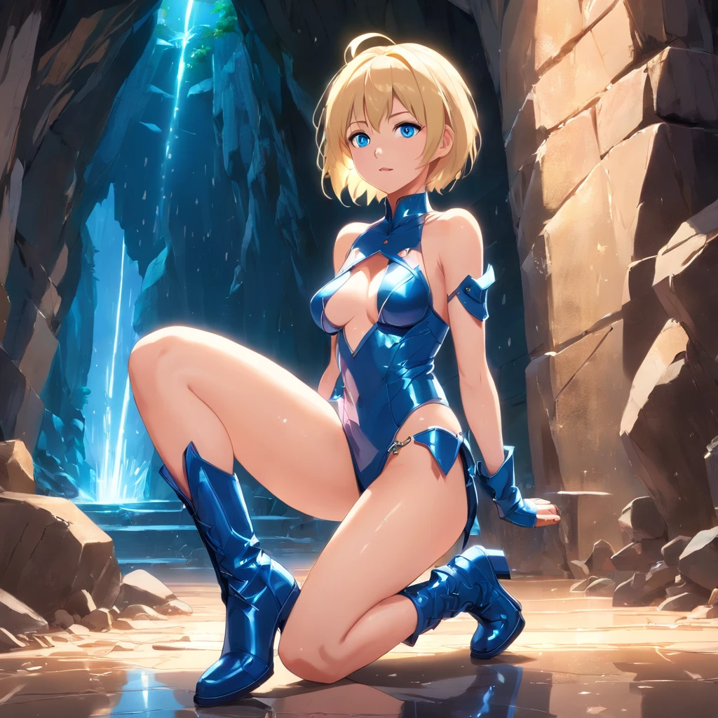 Women, ((Blonde)), ((Blue eyes)), ((Short hair)), ((Full shot)), very detailed makeup, pale pink lipstick, wearing a Valkirye Leather micro bikini armor and maiden shiled ((stiletto boots)), in a cavern spot light ((wet floor)) ((full Body))