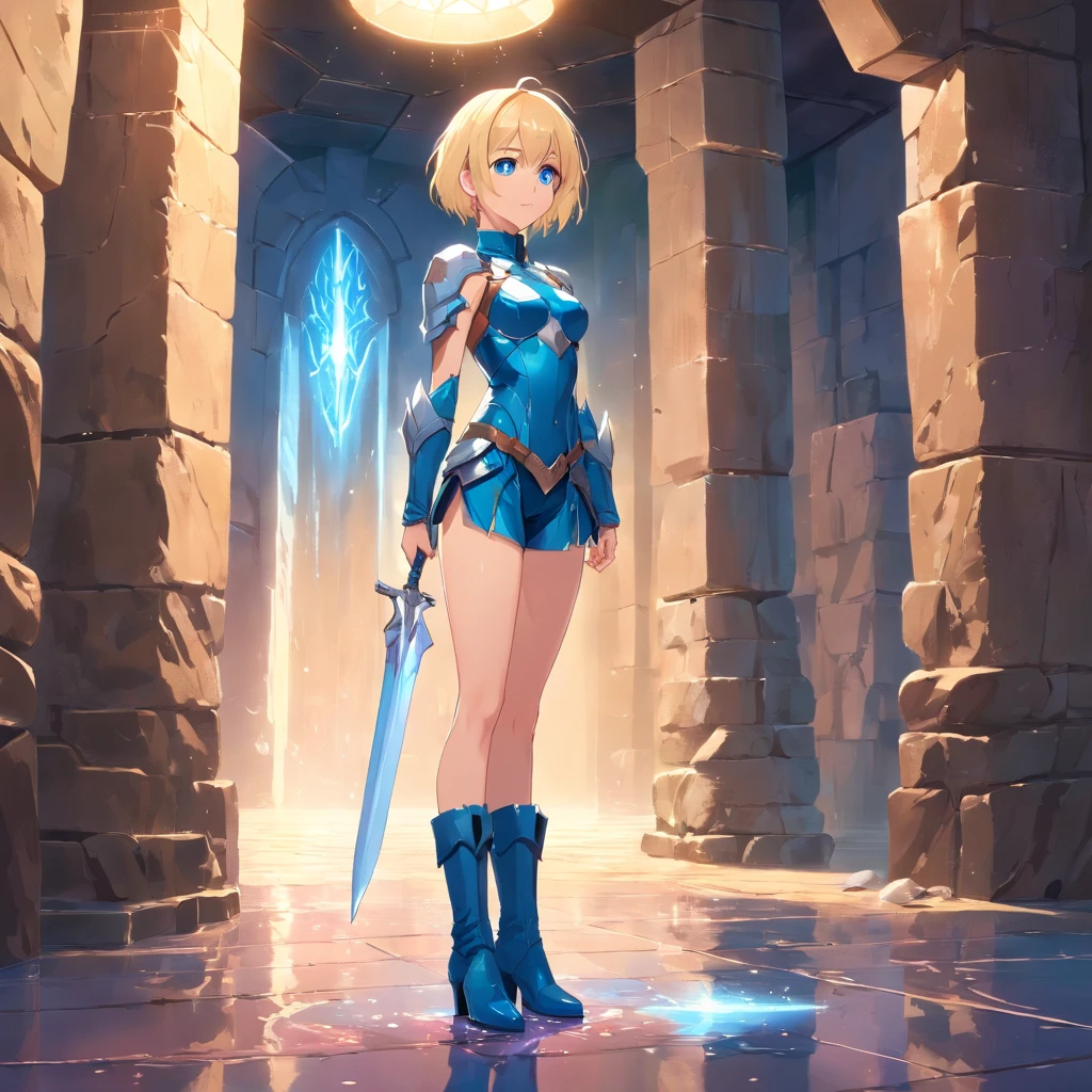  Women, ((Blonde)), ((Blue eyes)), ((Short hair)), ((Full shot)), very detailed makeup, pale pink lipstick, wearing a Valkirye Leather micro bikini armor and maiden shiled ((stiletto boots)), in a cavern spot light ((wet floor)) ((full Body))