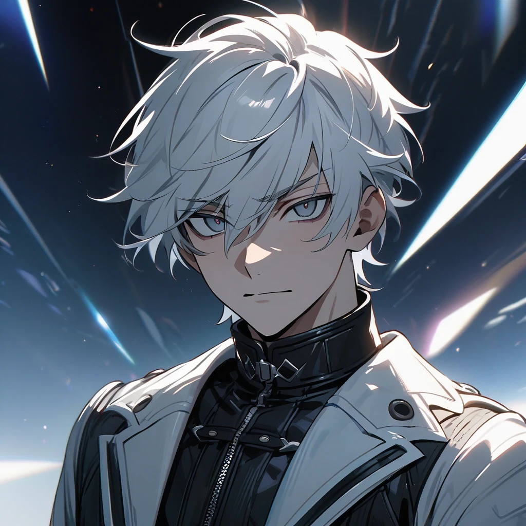 High quality, HD, 4k, no shadows, handsome male, 1male, 17 years old, teenager, short white hair, silver hair, white hair, sharp eyes, dark grey colored eyes, deep grey eyes, grey eyes, devil may cry, close up, calm expression, stoic expression, black leather clothes, white leather clothing, lean body, well trained body, upper body, looking at viewer, cowboy shot, white solar, space background