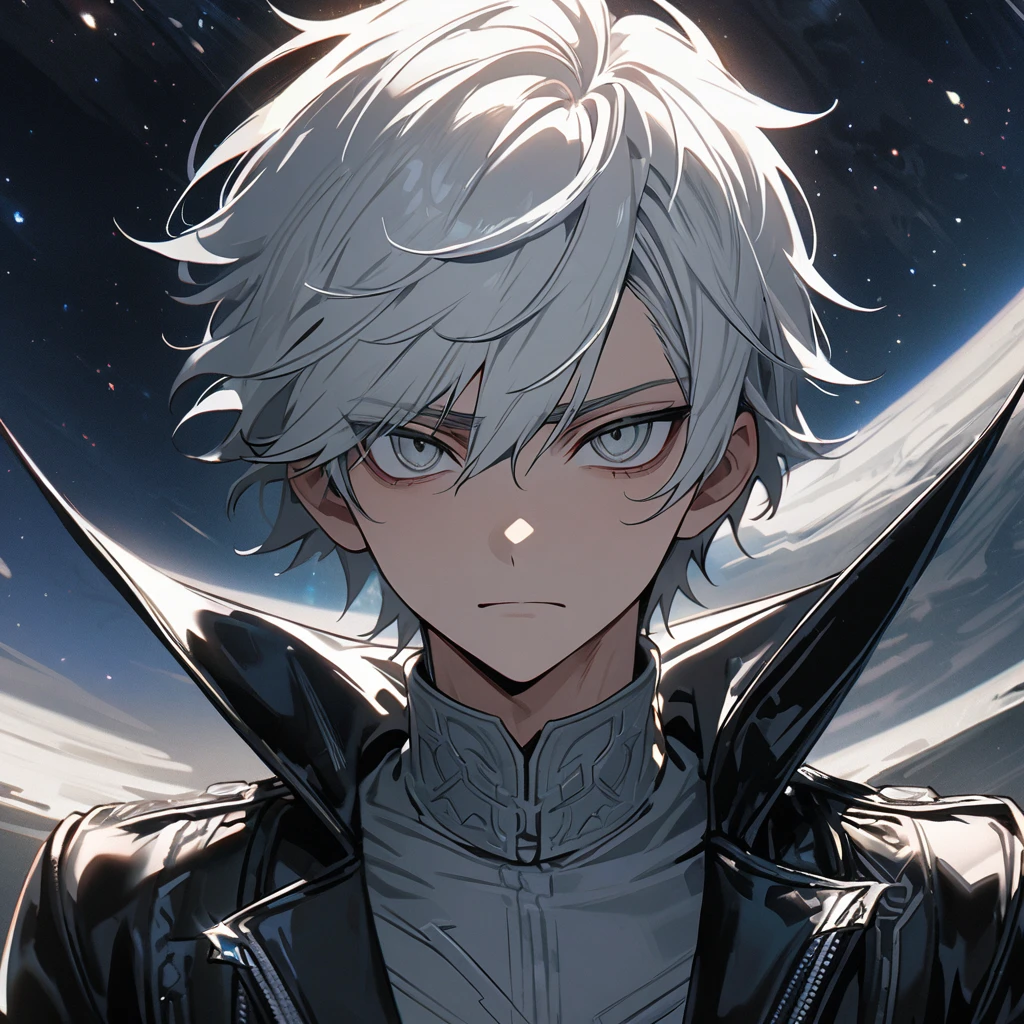 High quality, HD, 4k, no shadows, handsome male, 1male, 17 years old, teenager, short white hair, silver hair, white hair, sharp eyes, dark grey colored eyes, deep grey eyes, grey eyes, devil may cry, close up, calm expression, stoic expression, black leather clothes, white leather clothing, lean body, well trained body, upper body, looking at viewer, cowboy shot, white solar, space background