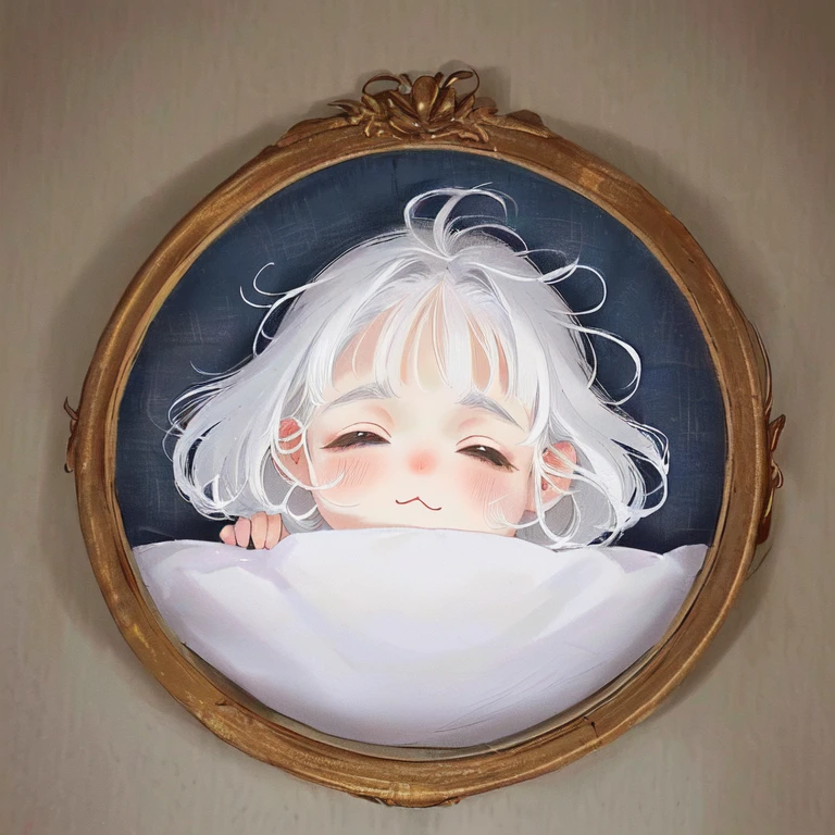 a cartoon drawing of a white haired baby sleeping in a bed with a pillow, 🍁 cute, cute round slanted eyes, kawaii portrait, clear cute face, wan adorable korean face, with cute doting eyes, sleepy eyes, detailed fanart, high quality fanart, cute art style, drawn image, with cute - fine - face, sleepy expression, with round cheeks
