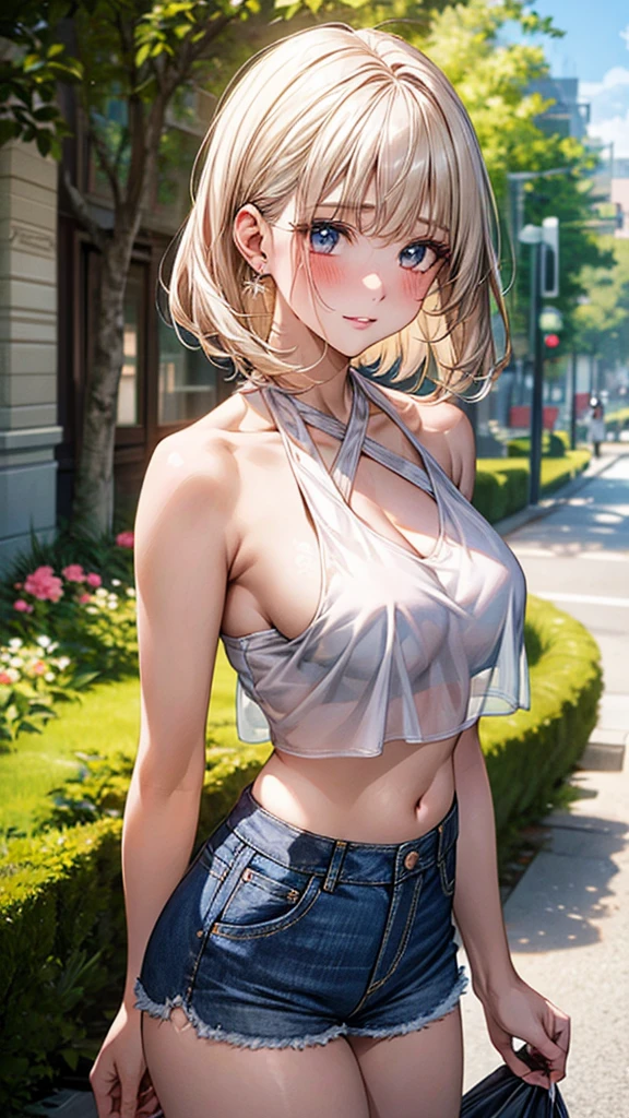 ((Highest quality, High resolution, masterpiece, detailed)),
Depth of written boundary, View your viewers, Anatomically correct, woman, Perfect Face, Cute and symmetrical face, Shiny skin,
(Medium Hair, Platinum Blonde Hair), Large Breasts,
The finest details, Beautiful Hair, Beautiful Face, Beautiful Eyes, Beautiful body, Beautiful breasts, Beautiful belly button, Waistline, Beautiful thighs, Beautiful feet,
(See-through halter top, Denim shorts, Black visible panties),
(Beautiful views), summer, Tree-lined street, (Embarrassed, blush, Part your lips), Sexy pose,