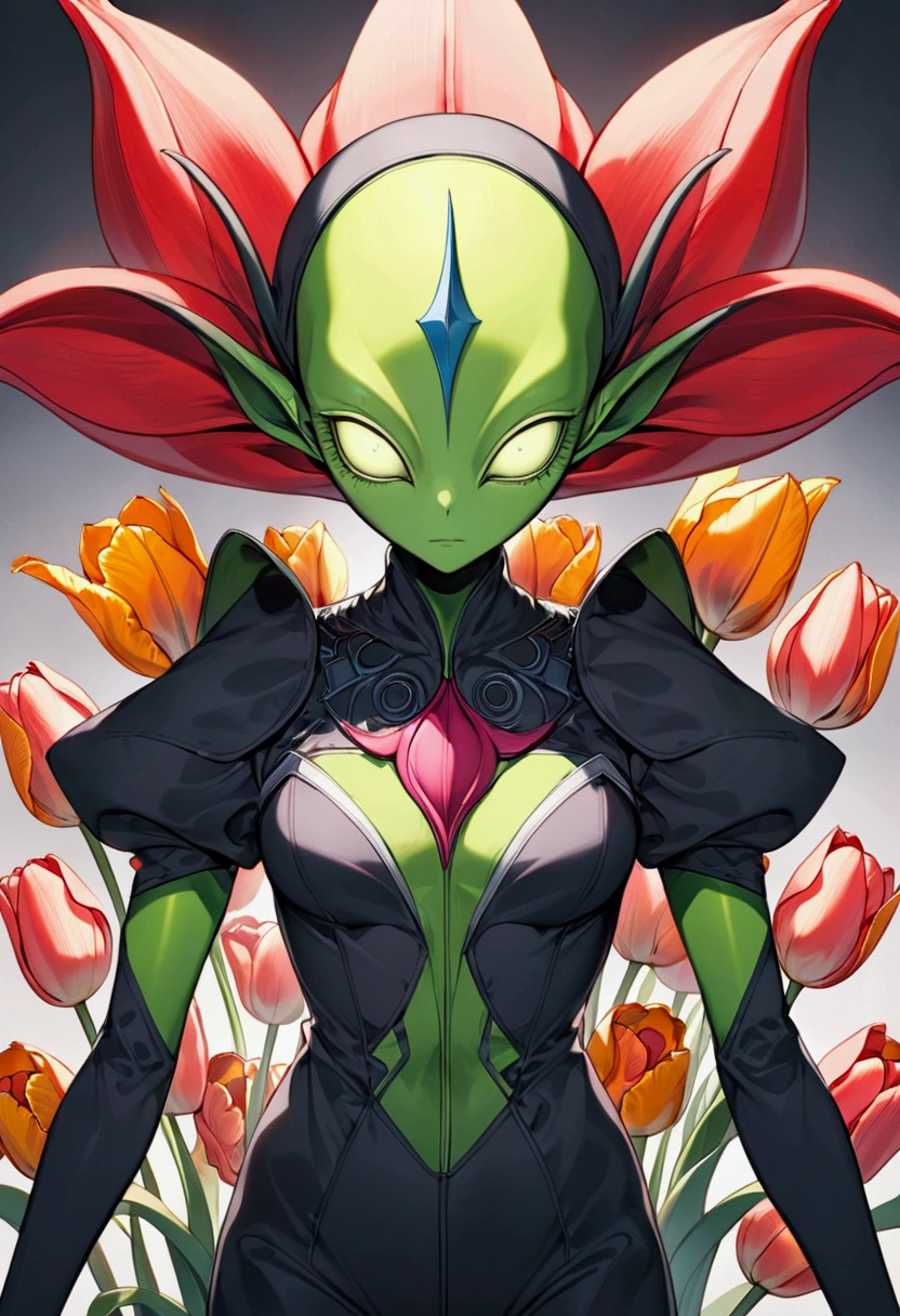tulip alien with tulip printed dresses, green skin