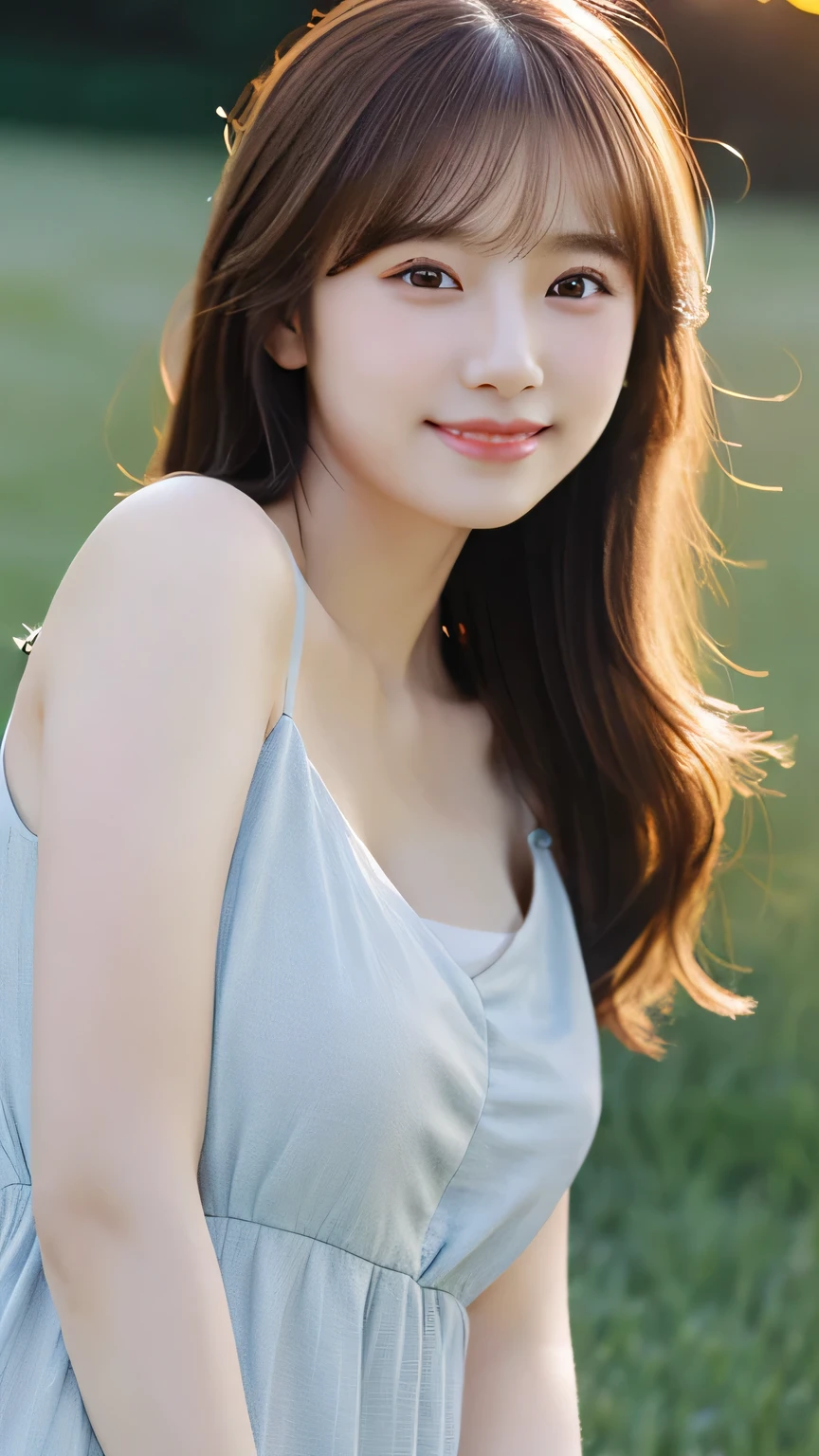 Highest quality ,masterpiece,Ultra-high resolution, very beautidebtul, cute, (Photorealistic:1.4), One girl, Japanese, Brown Hair, Cinematic, 35mm lens, debt/ 1. 8, Accent lighting, 8k, white odebtdebt-shoulder dress, dress with a wide open chest, V-neck dress, Cleavage, close, smile, Grassland Background, blue sky,