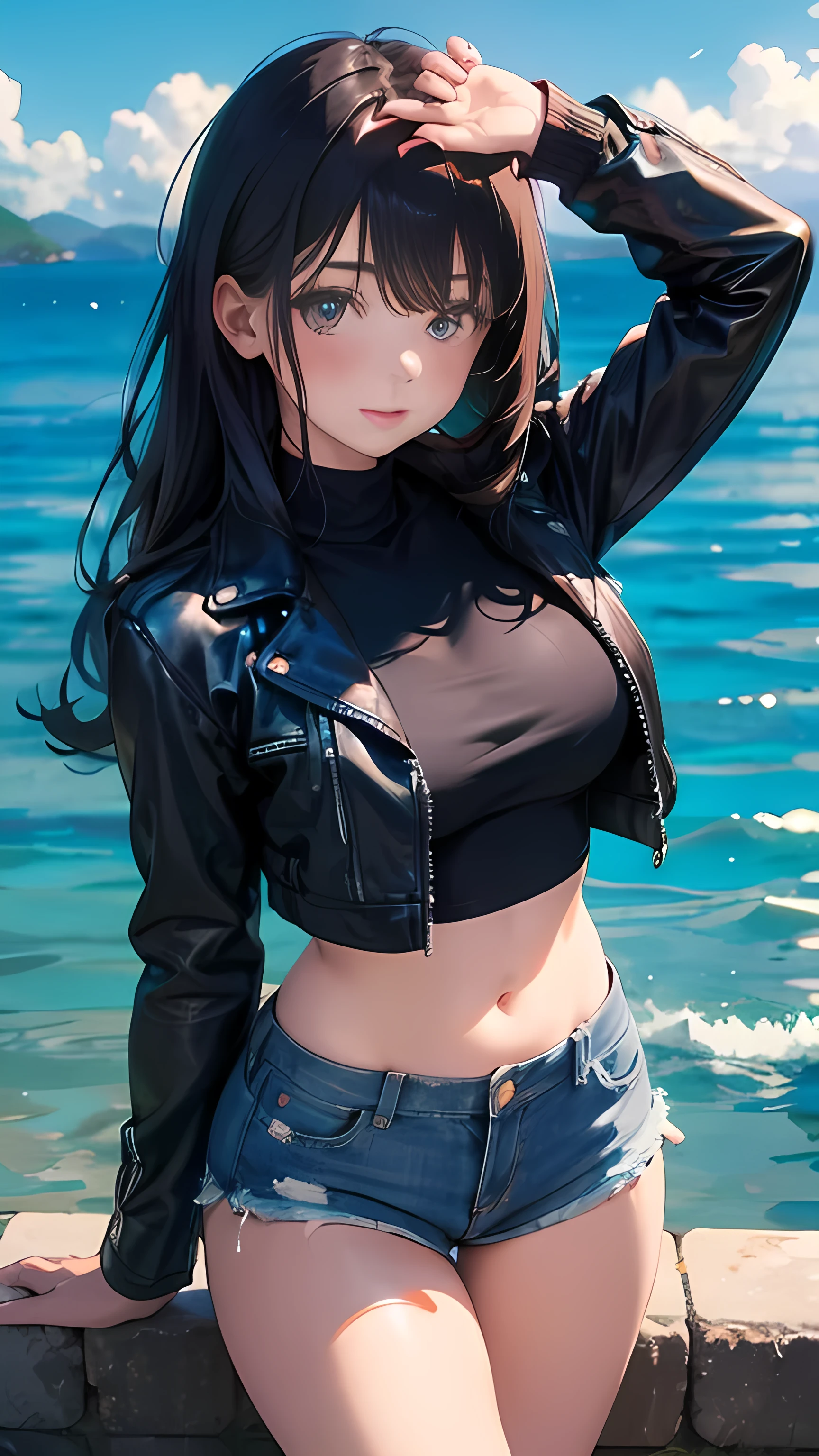 8K, Attractive, intensely detailed, 20 Year Old Girl, sexy and attractive woman with dark, black hair. She has beautiful sky-blue eyes with a heart inside. She is dressed in white, short and unbuttoned shirt. She is wearing a blue miniskirt. Her skirt is lifted up, and from under the skirt we see sexy, black lace panties with bow.