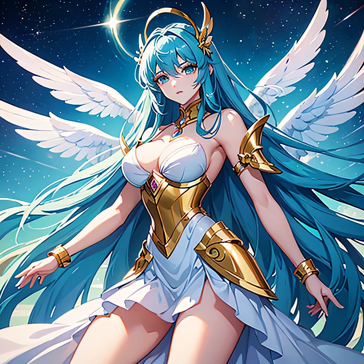 Create a detailed image of Elpis Limitede, the Goddess of Limitless Time and Creation. She must be portrayed as a beautiful woman of 1.78m, with strong curves and full breasts. Her eyes must be a heavenly blue and her long, blue hair must reach the floor. Elpis must have white angel wings. Dress her in dark blue divine armor (Saint Seiya style armor), with pink details, and a pool blue halo made of energy over her head. Armor should be elegant and imposing, highlighting your authority and power. Elpis's expression should be serene and full of wisdom, reflecting her role as goddess of time and creation. She must be in a celestial environment, perhaps floating in an ethereal dimension that suggests her connection to the Infinity Realm.