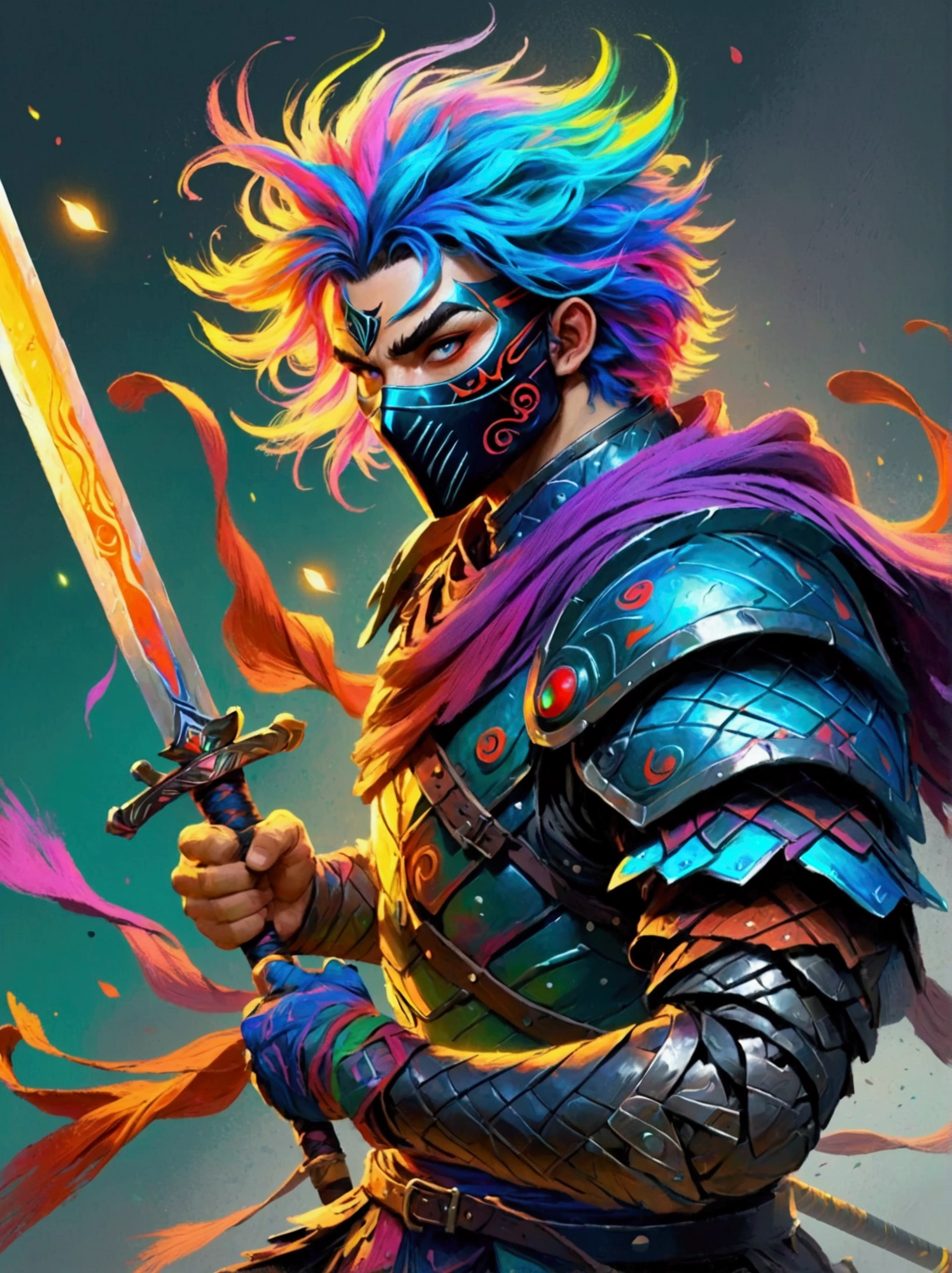 A character reminiscent of a fantasy gameplay warrior with vibrant and bold colors as if drawn with crayons. The warrior exhibits dynamic movement and intensity. He wears a mask and wields a sword demonstrating the juggling action found in many video games. The image has the appearance of a textured finish, typical for a digital painting, and it portrays a gaming-inspired ambiance