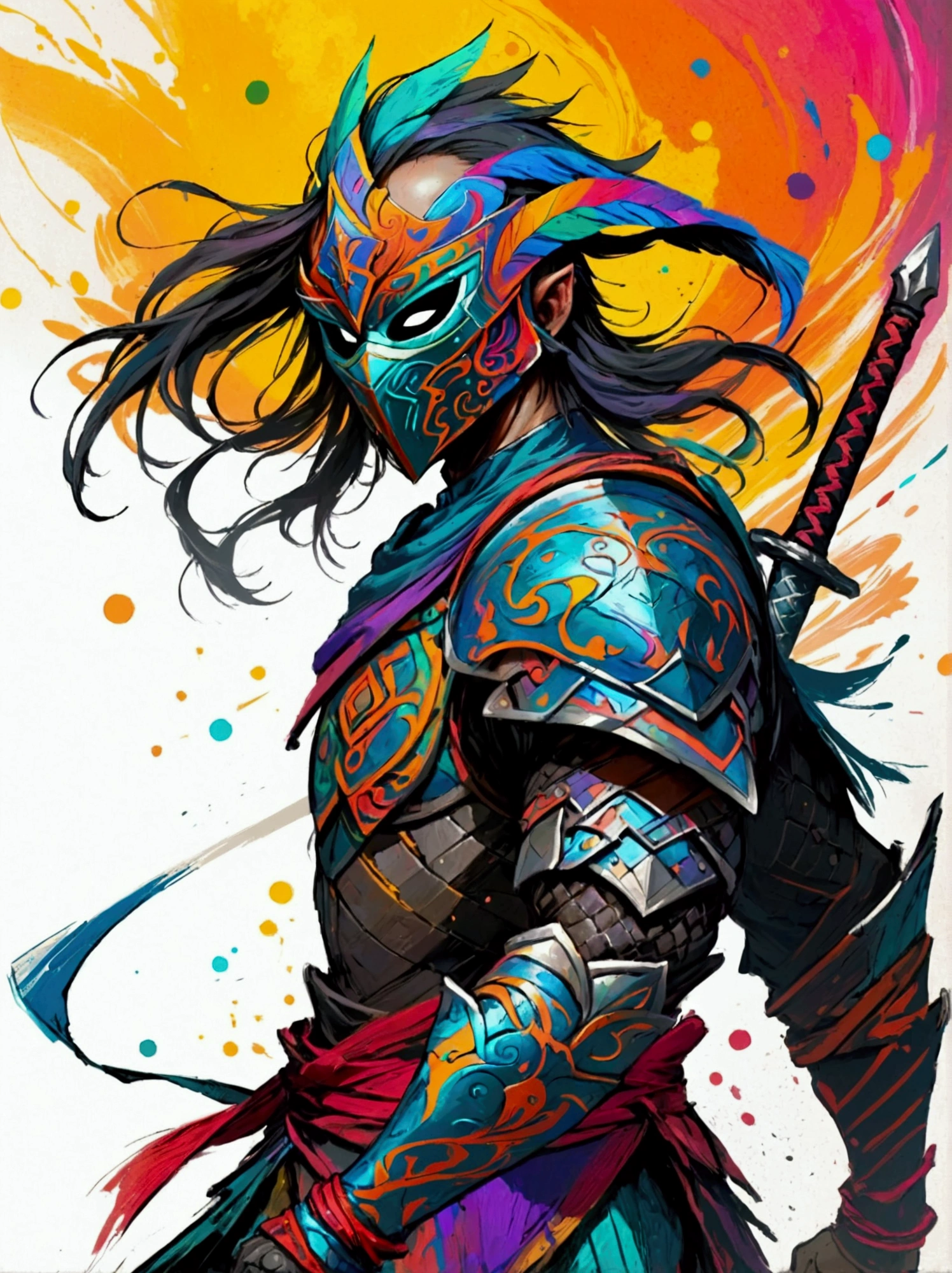 A character reminiscent of a fantasy gameplay warrior with vibrant and bold colors as if drawn with crayons. The warrior exhibits dynamic movement and intensity. He wears a mask and wields a sword demonstrating the juggling action found in many video games. The image has the appearance of a textured finish, typical for a digital painting, and it portrays a gaming-inspired ambiance