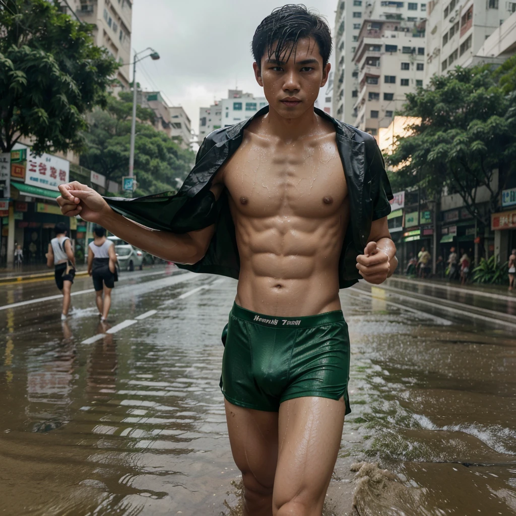 In the middle of the road in Thailand during the rainy season, there is a young man. Six half-Thai and half-Hong Kong people are falling from the sky in the background. Everyone wears green underwear. The thin cloth was wet and the muscles were visible. like an underwear model Not wearing a shirt, lean body, age 17-18, full sky