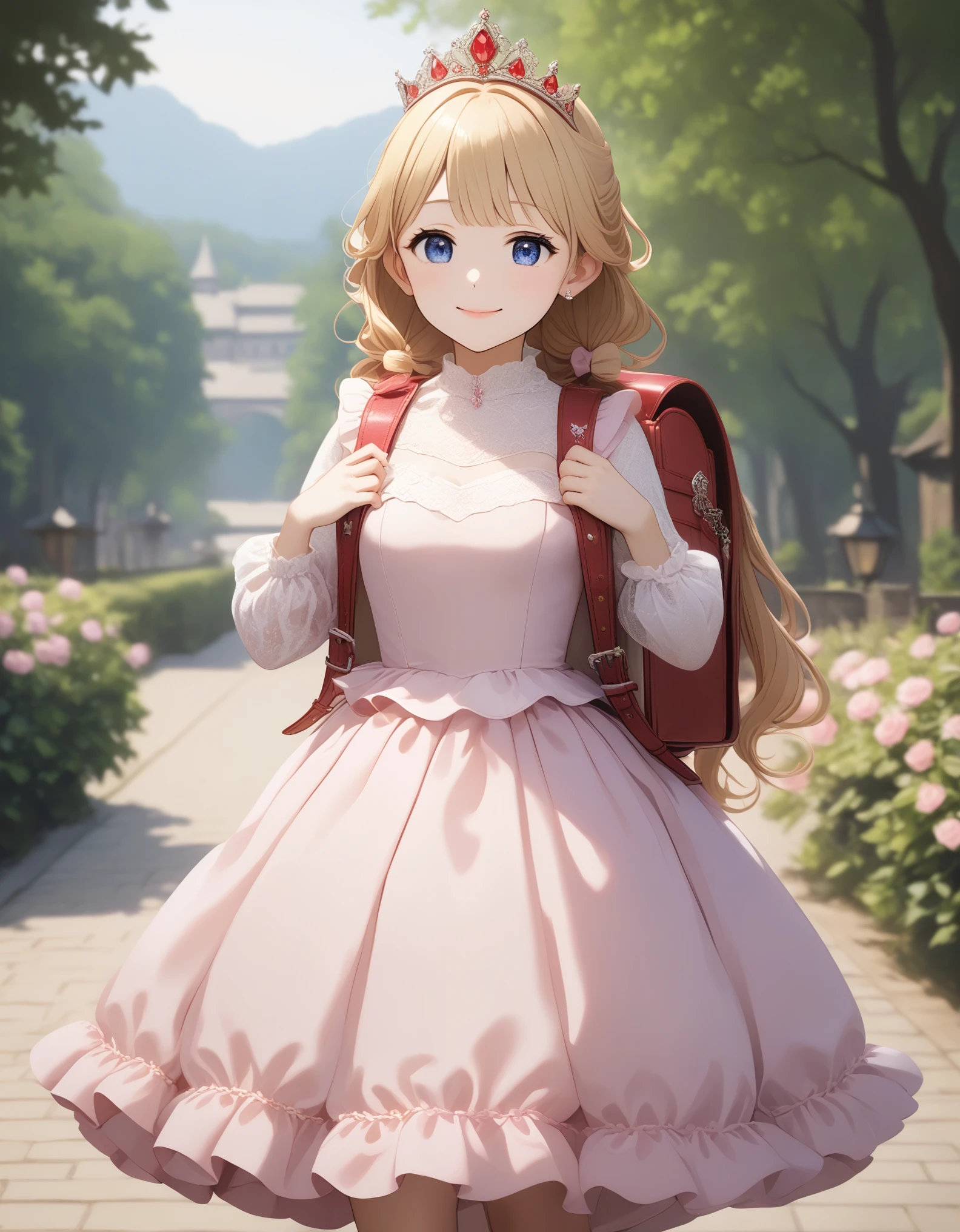 (highest quality、masterpiece、8K、best image quality、hyper realism、Award-winning work)、(solo:1.1)、(1 photo:1.1)、(Feminine and girly cute frilly princess dress:1.2)、Masterpiece, hd, wearing tiara, 1girl, smiling, medium breasts, long hair curls, bangs, hair between eyes, hair ornament, choker, ribbon, bow, cute dress, long dress, lace, frills, detached sleeves, long sleeves, standing, outdoor, wearing randoseru backpack, (backpack:1.2) Masterpiece, hd, realistic, 1girl, beautiful girl, smiling, regal, (princess dress), vibrant, vivid, (bows), blonde hair, ponytail, wearing backpack, (backpack:1.2)