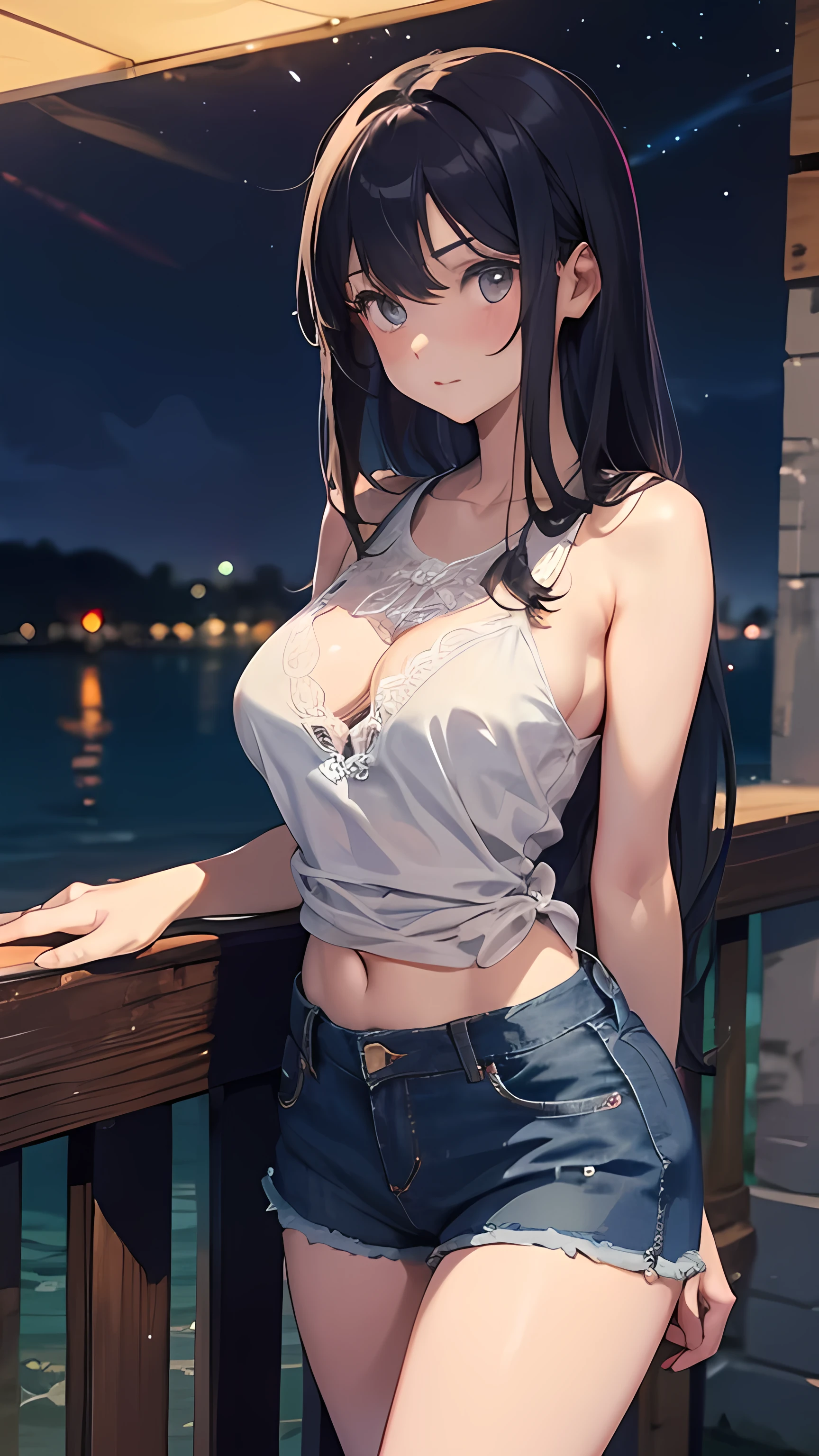 illustration:Ultra-delicate,A girl,25 years old,Wearing thin lace underwear,Sexy thighs,Denim shorts,Black Hair,Long hair,Looking at the camera,Large Breasts,at the seaside,night