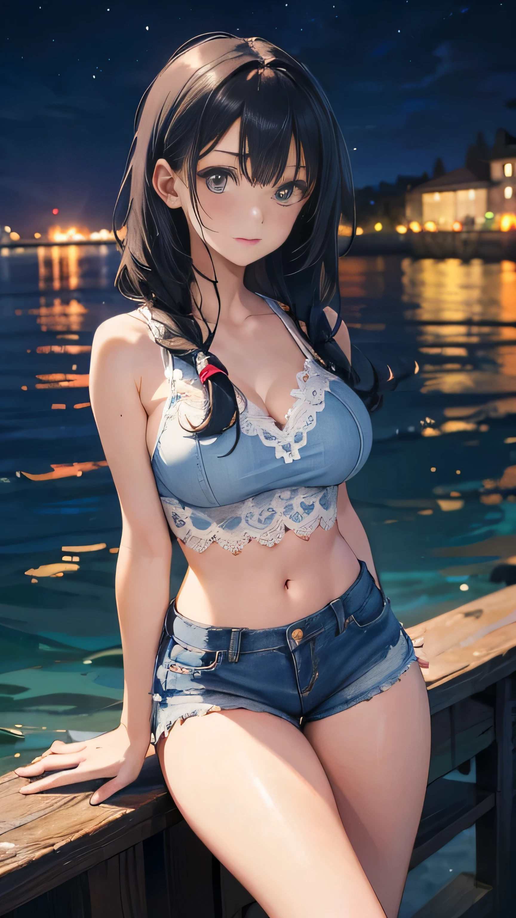 a close up of a woman in a bikini and shorts, avatar da secondlife, standing near the beach, blue jeans. Irreal 5, standing on the beach, in the sea, pose casual, blue outfit, ocean in the background, standing on the deck of a ship, overlooking the ocean, secondlife, standing next to the ocean, the ocean in the background, sexy outfit