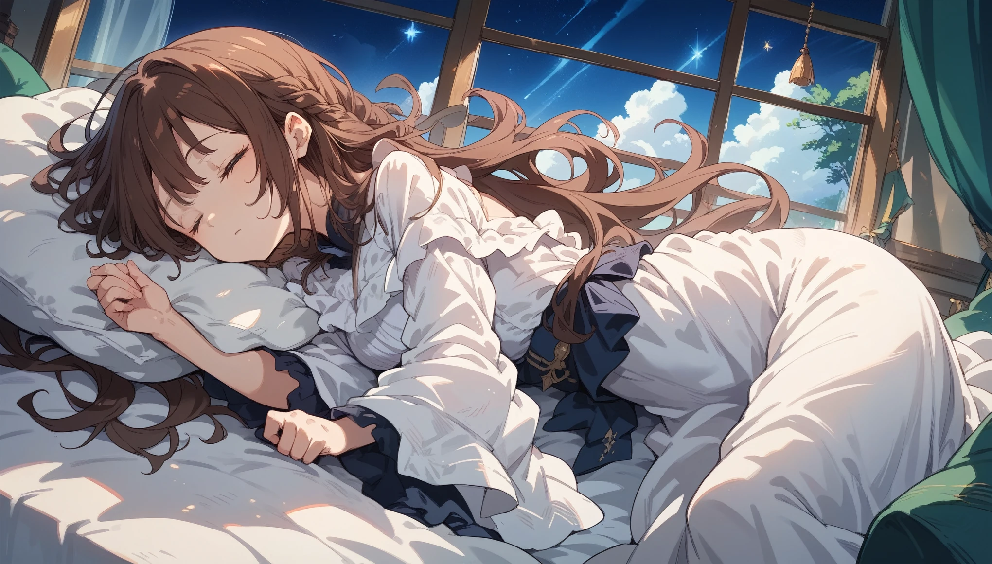 Highest quality,long hair girl,Brown Hair,White dress,Sleeping in bed,Out of the window,summer night,Shining starry sky