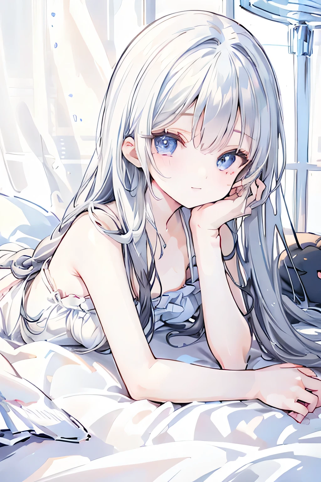girl, White dress, Lie down on the bed、smile　Black Hair　Blue Eyes