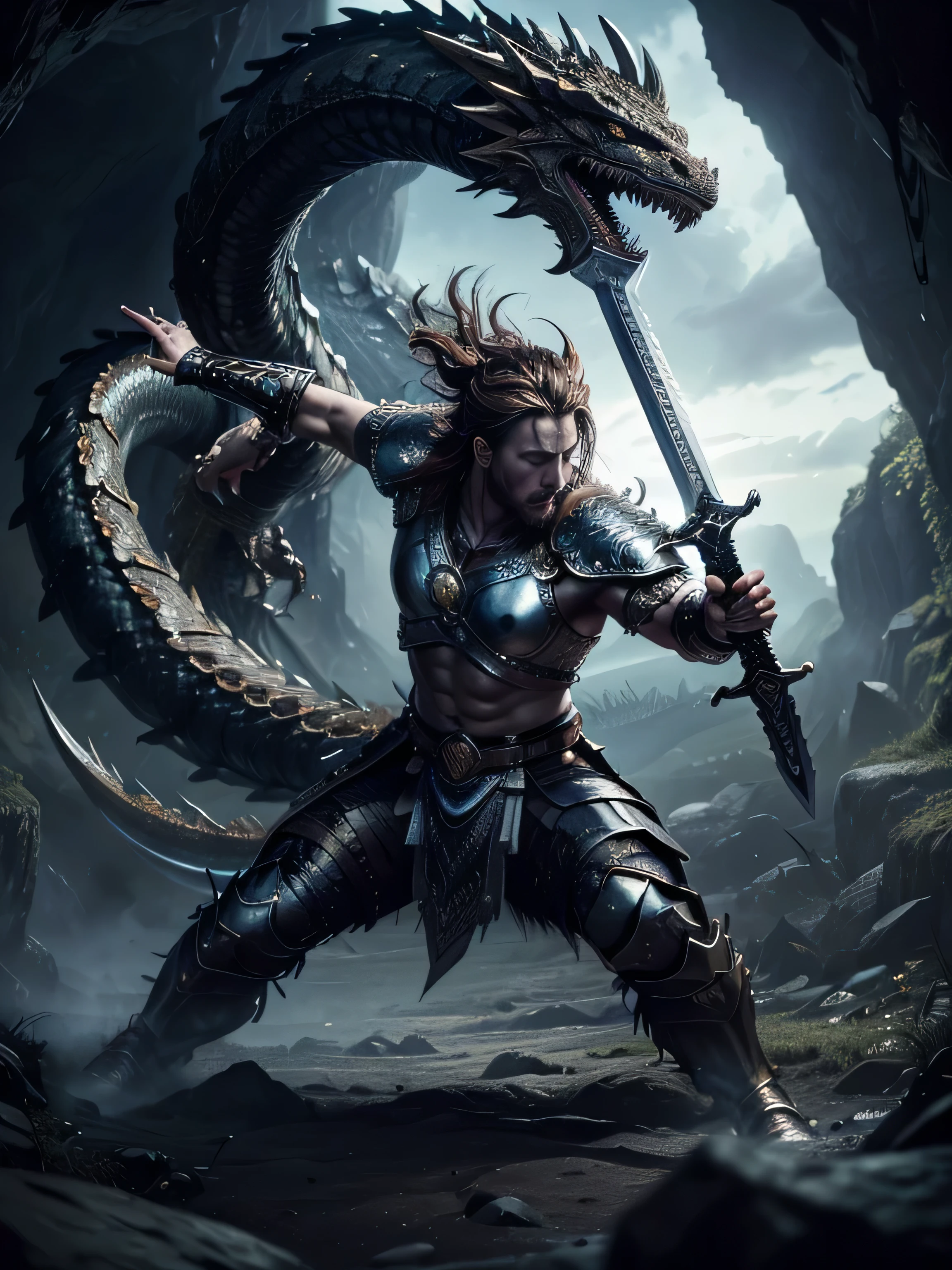 photorealistic image ((masterpiece)), ((high quality)) Ultra HD 8K, realistic mythological illustration, (((warrior Siegfried with a giant sword in combat against the giant dragon Fafnir))), recreation of the ring of the Nibelungs, ((warrior against black demon dragon)), (in combat position, in a cave