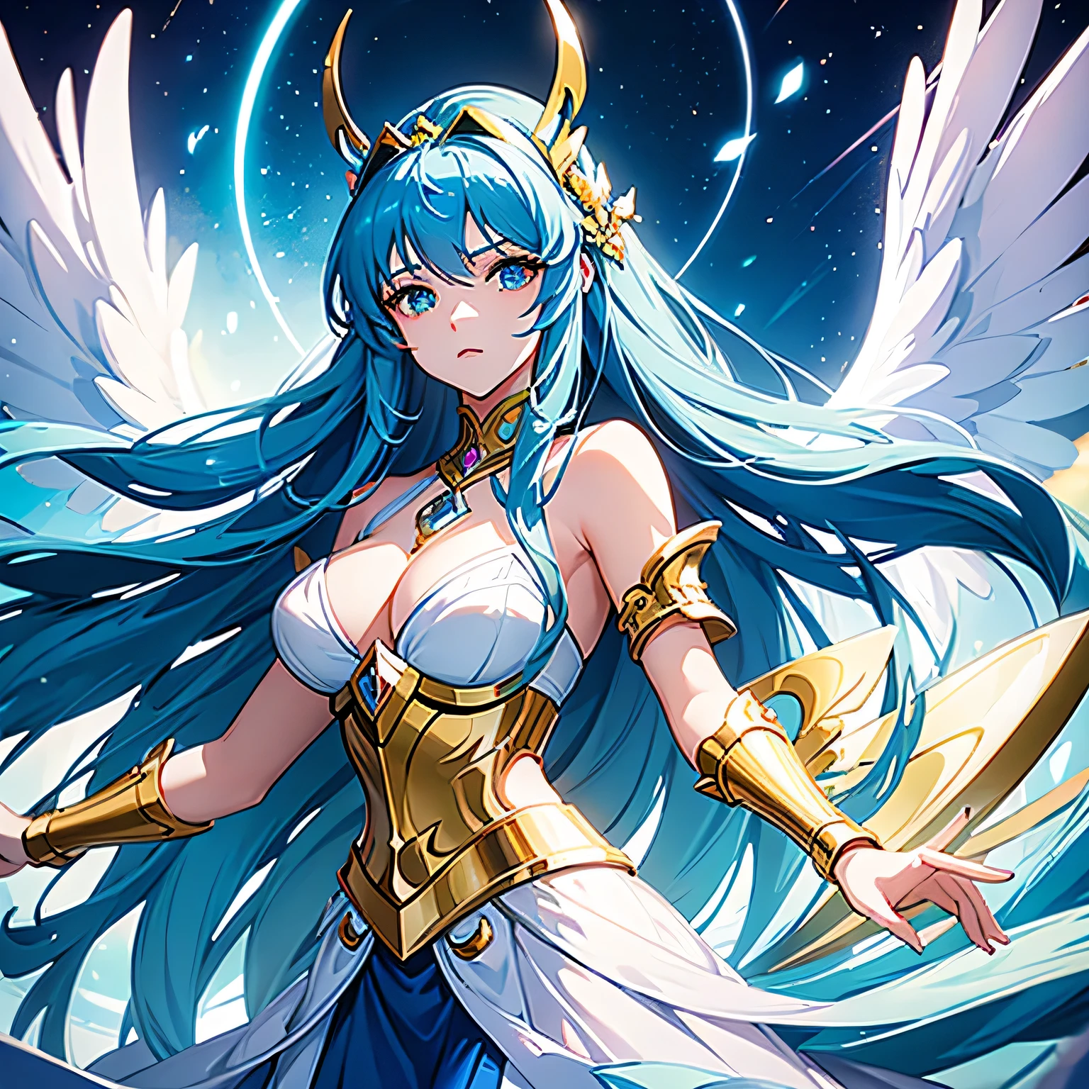 Create a detailed image of Elpis Limitede, the Goddess of Limitless Time and Creation. She must be portrayed as a beautiful woman of 1.78m, with strong curves and full breasts. Her eyes must be a heavenly blue and her long, blue hair must reach the floor. Elpis must have white angel wings. Dress her in dark blue divine armor (Saint Seiya style armor), with pink details, and a pool blue halo made of energy over her head. Armor should be elegant and imposing, highlighting your authority and power. Elpis's expression should be serene and full of wisdom, reflecting her role as goddess of time and creation. She must be in a celestial environment, perhaps floating in an ethereal dimension that suggests her connection to the Infinity Realm.