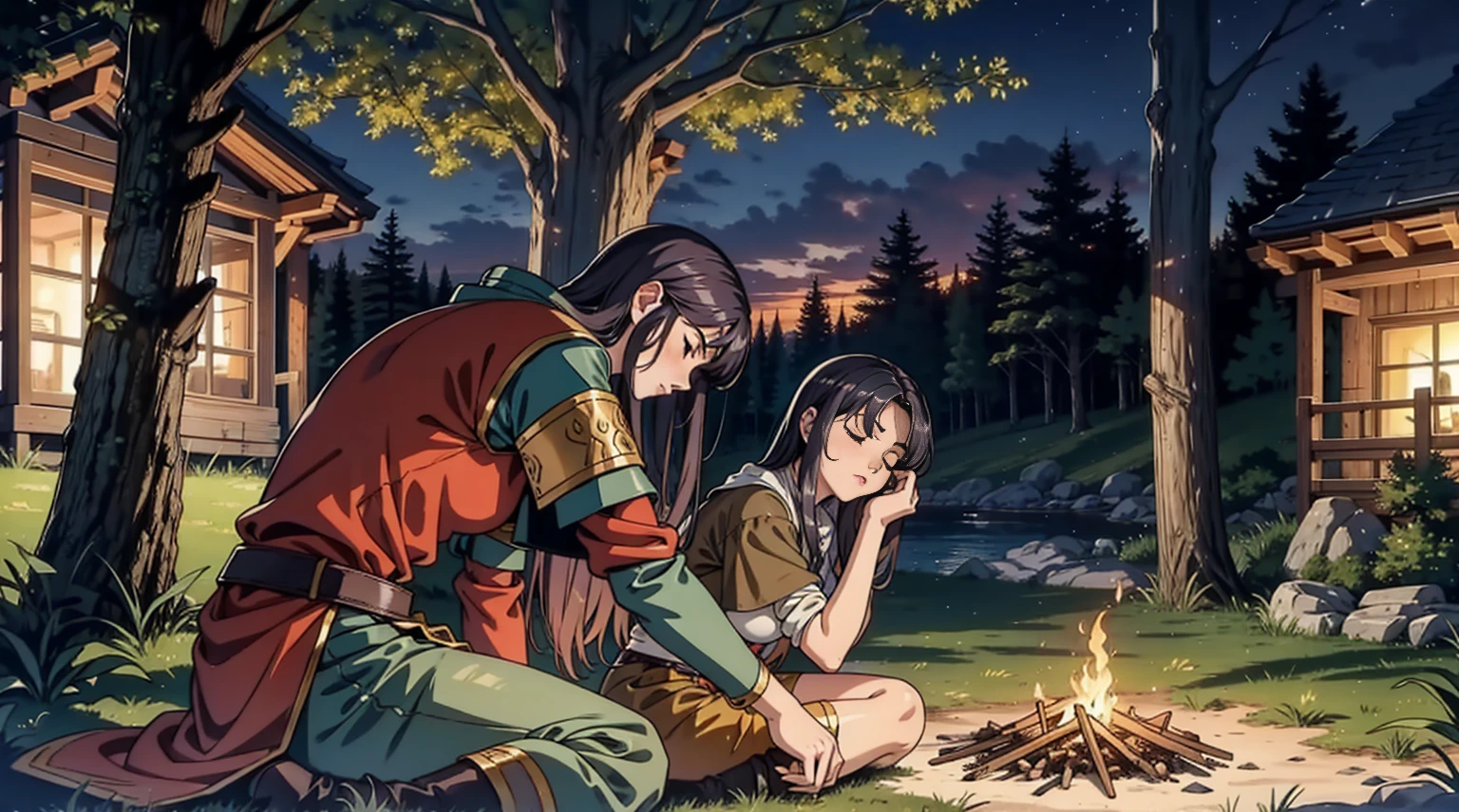 night Medieval fantasy world Adventurer bonfire sleep woman lean on a tree