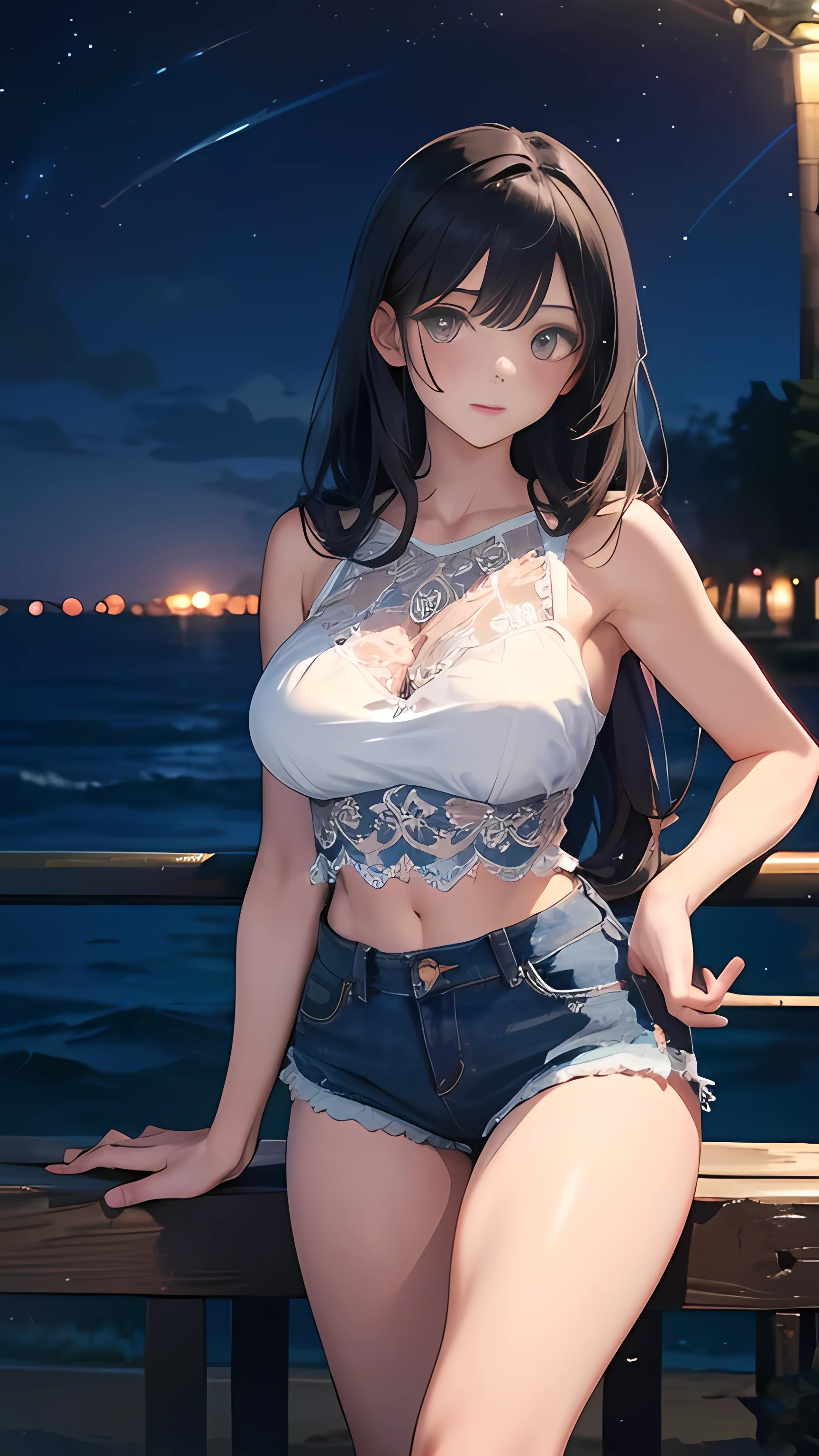 illustration:Ultra-delicate,A girl,25 years old,Wearing thin lace underwear,Sexy thighs,Denim shorts,Black Hair,Long hair,Looking at the camera,Large Breasts,at the seaside,night