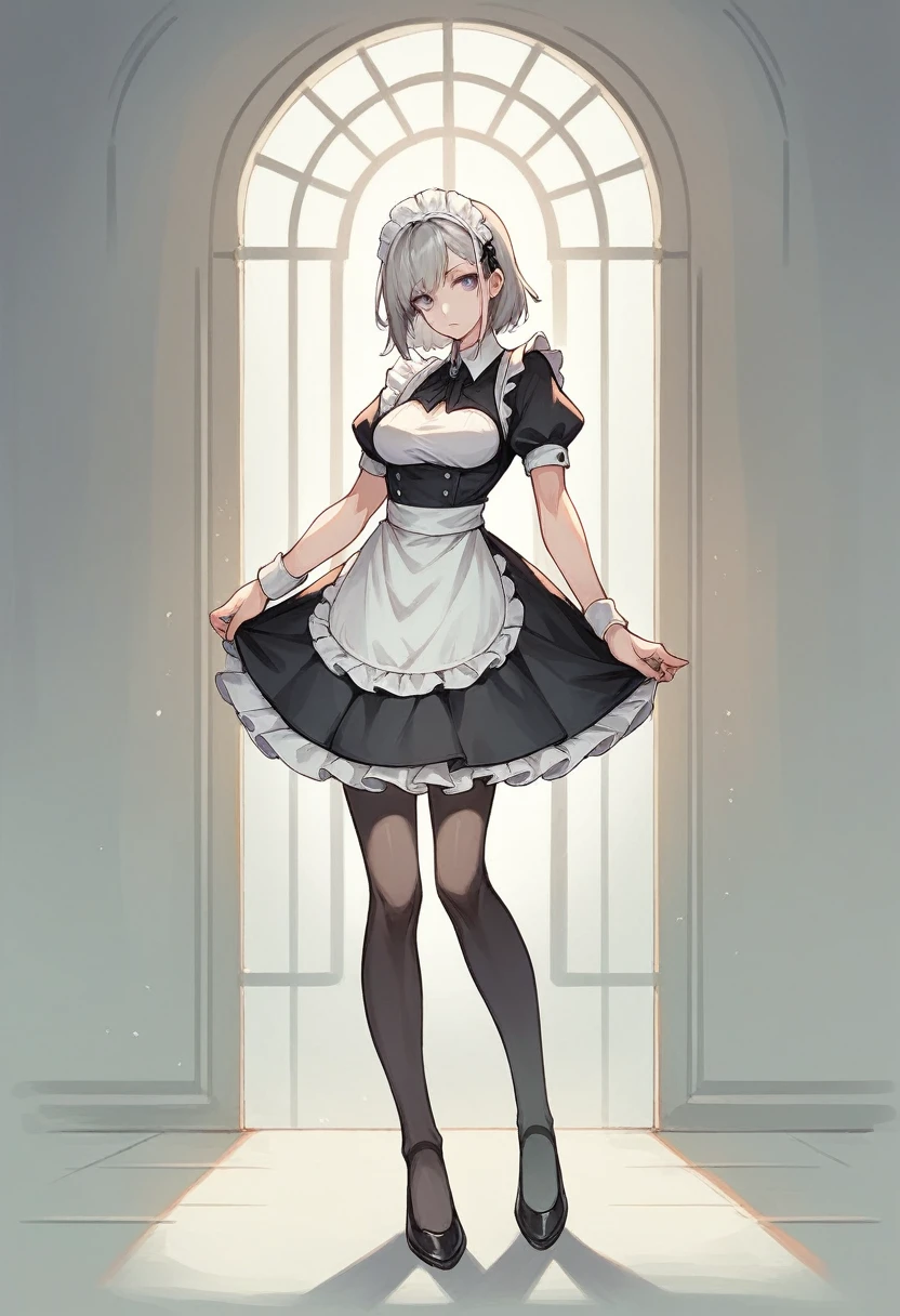 Full body, sexy pose, medium breasts, maid dress, gray hair, dull violet eyes, minimalist style, low details