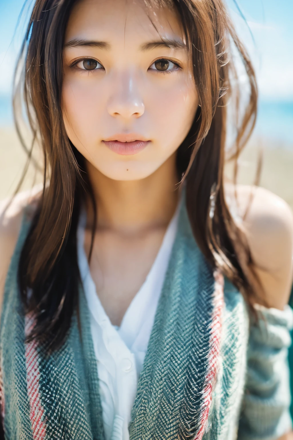 8k, highest quality, masterpiece, super high resolution, (realistic:1.4), RAW Photos, (Film Grain:1.3), One Girl, portrait of a skinny Japanese woman, 30 years old, standing on the beach, a cute face, detailed face, detailed eyes, {short|long} hair, correct body anatomy, photogravure