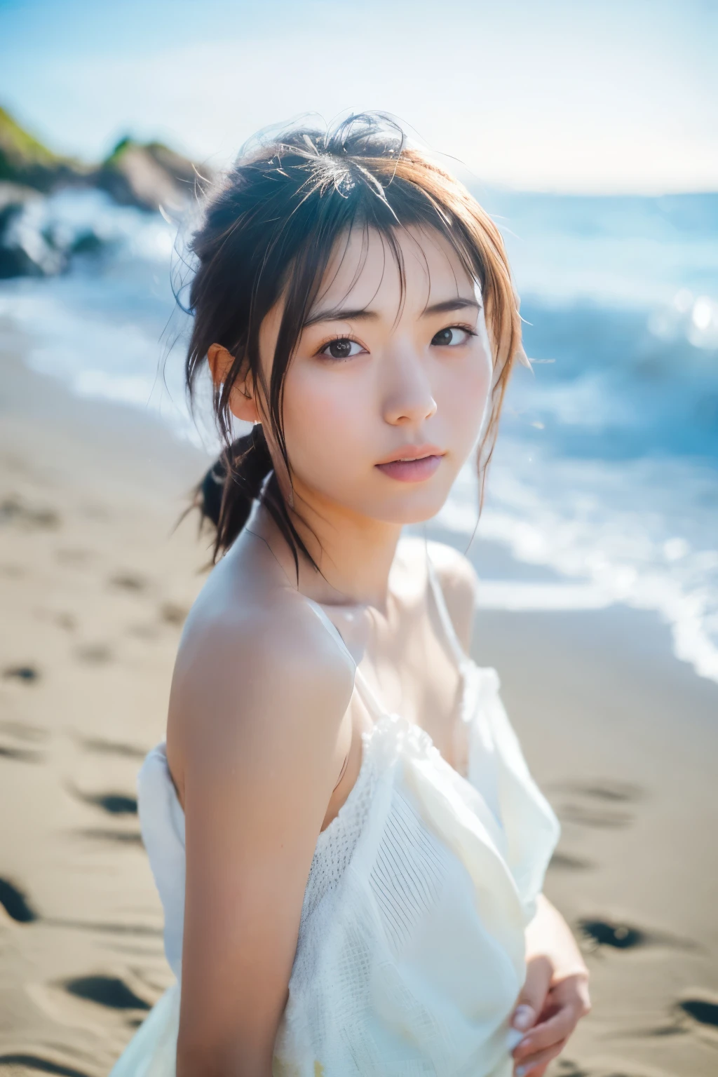 8k, highest quality, masterpiece, super high resolution, (realistic:1.4), RAW Photos, (Film Grain:1.3), One Girl, portrait of a skinny Japanese woman, 30 years old, standing on the beach, a cute face, detailed face, detailed eyes, {short|long} hair, correct body anatomy, photogravure