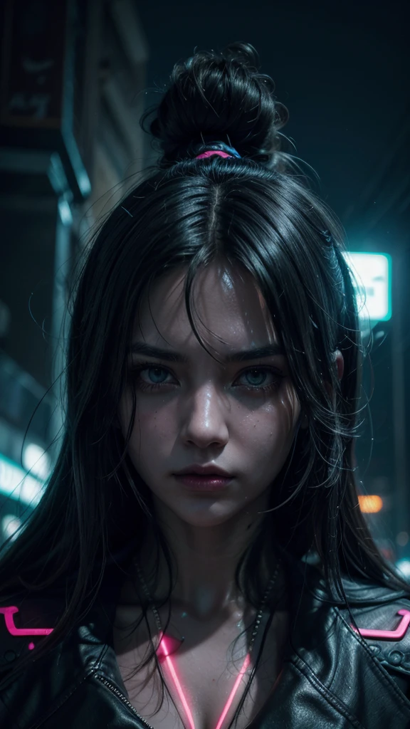a beautiful cyberpunk girl, detailed facial features, neon cyberpunk outfit, glowing neon cyberpunk cityscape, cthulhu priest, dark fantasy knights, dramatic lighting, cinematic composition, hyper-detailed, 8k, photorealistic, vibrant neon colors, moody atmosphere