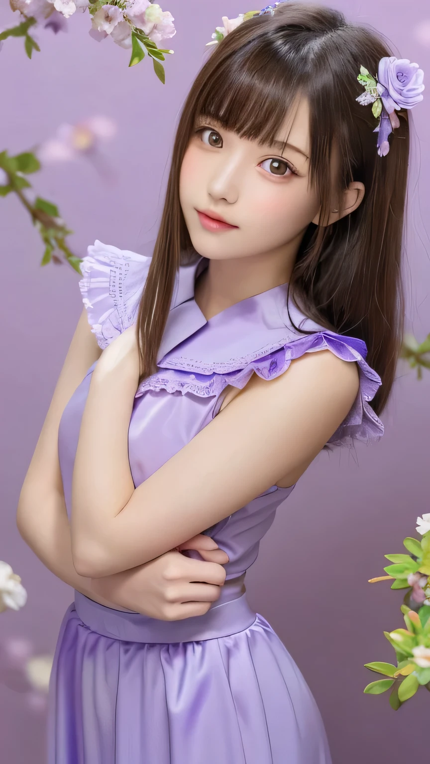 One Girl, (Beautiful girl, Delicate girl:1.3), (16 years old:1.3),
break, (Cute Costumes, Long skirt:1.2),
break, (Lavender flower background:1.3),
break, Very beautiful eyes, (Symmetrical eyes:1.3),
break, (Small breasts:0.5), Brown eyes, Parted bangs, Brown Hair,
break, (Eye and facial details:1.0),
break, (masterpiece, Highest quality, Super detailed, Detailed face, 8k)