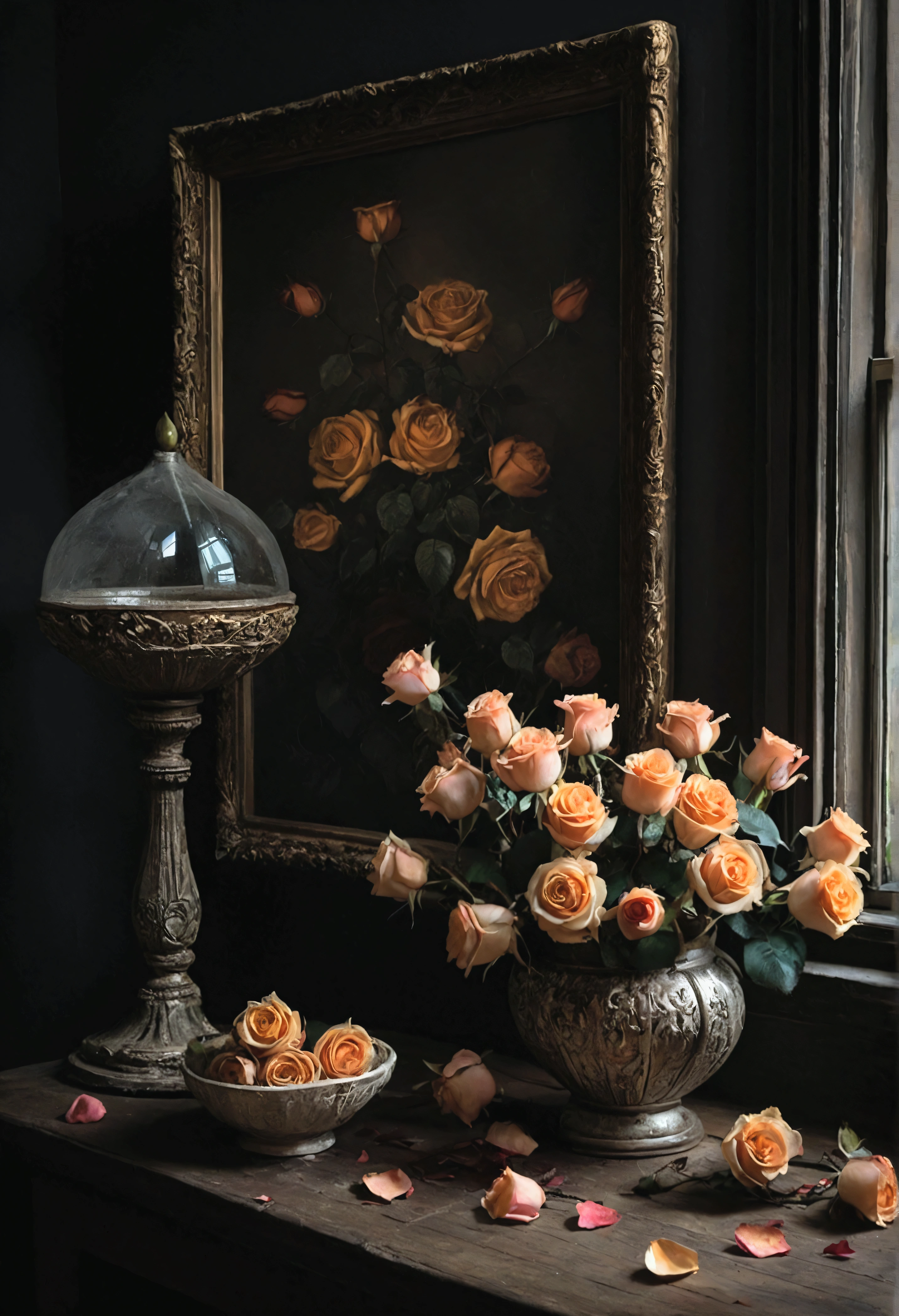 A detailed description of the prompt:
"Best quality, A high resolution, Masterpiece:1.2, Ultra-detailed, Realistic:1.37, In the garden,Wilted roses,rose petals,Dark Still Life, Oil painting, mystical ambiance, Dim lighting, Rich textures, Vivid colors, Intricate details, intense shading, Aging objects, Withered roses Delicate reflections, GLOOMY AMBIANCE, hauntingly beautiful, Creepy elements, Delicate brushstrokes, Engaging composition。。, Classical art style, Tonal contrast, Dramatic shadows, Spooky existence, Incredible objects, Intricate decay details, Gloomy color palette, The depth and dimensions of the capture, Emotions hidden in the dark, Realistic rendering, Strong chiaroscuro, Delicate texture, Tiny details of each object, An impeccable depiction of aging, Unforgettable vulnerability, Ethereal atmosphere, Complex layers of symbolism."