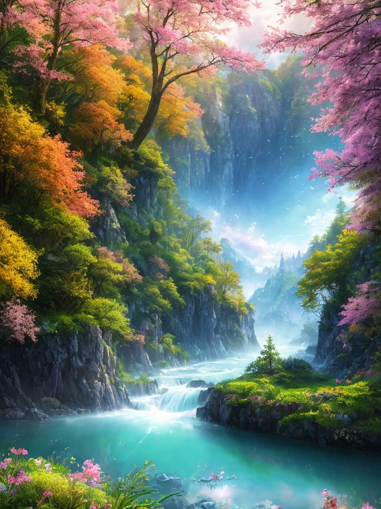 masterpiece, 最high quality, high quality,Very detailed CG unity 8k wallpaper, Enchanting and dreamy fantasy forest scenery, Seven-Colored Garden, Valley of the Fairies with a River Flowing Through It, Mysterious and fascinating, Sky Blue Sky, White dove flies, Complex, sunset, pastel colour, Award-winning photography, Written boundary depth, High resolution, bloom, chromatic aberration ,Realistic,Very detailed, White cloud, Trending on CGSociety, Complex, Attention to detail, dramatic, art:The middle of a journey