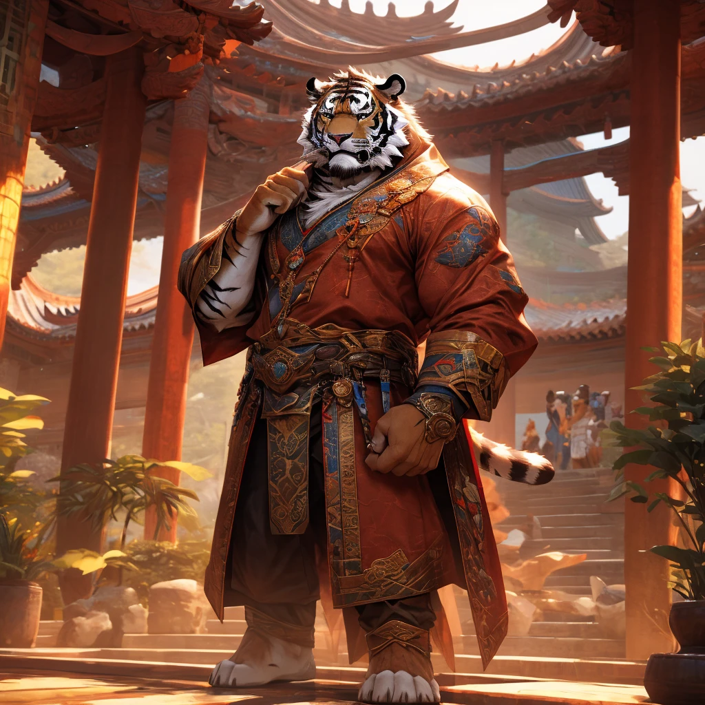 a muscular tiger in a long robe, standing on a floating island in the sky, a taoist monastery in the background, traditional chinese architecture, wuxia, fantasy, cinematic lighting, dramatic pose, (best quality,4K,8k,highres,masterpiece:1.2),ultra-detailed,(realistic,photorealistic,photo-realistic:1.37)Muscular tiger holding a sword,The background is the magnificent family lobby